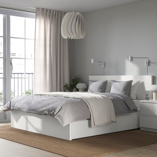 A white/Luröy MALM bed frame, high, w 4 storage boxes