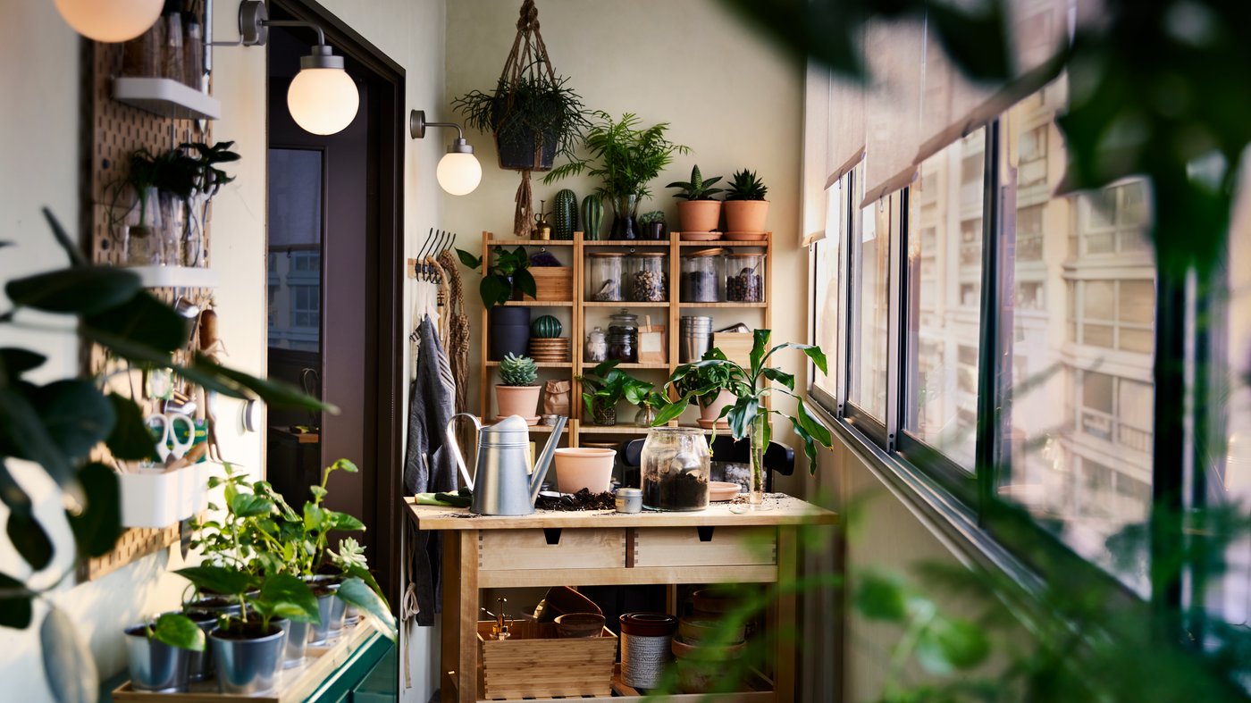 A birch kitchen island, a bamboo shelving unit, a cabinet and wall storage with plants and gardening items all around.