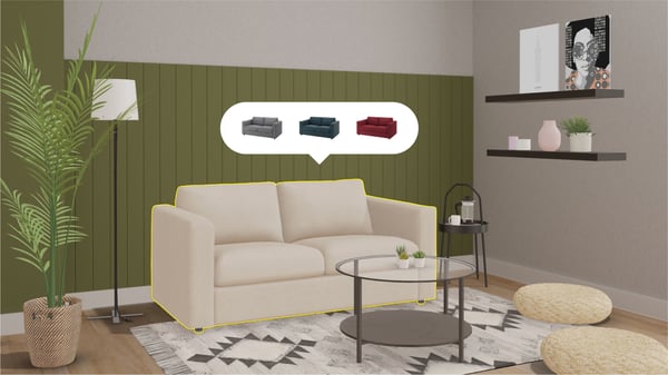 A visual representation of IKEA Kreativ featuring a beige sofa in a living room.