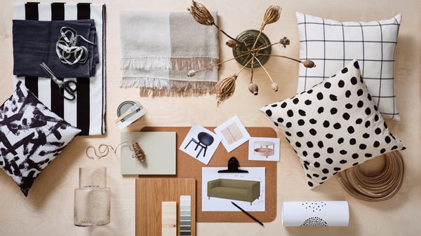 Et moodboard med forskellige IKEA produkter der passer perfekt til Japandi-stilen.