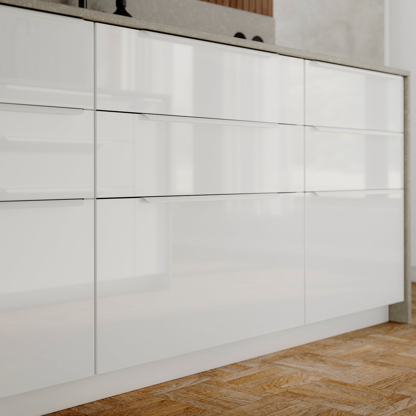 A high-gloss white RINGHULT drawer front