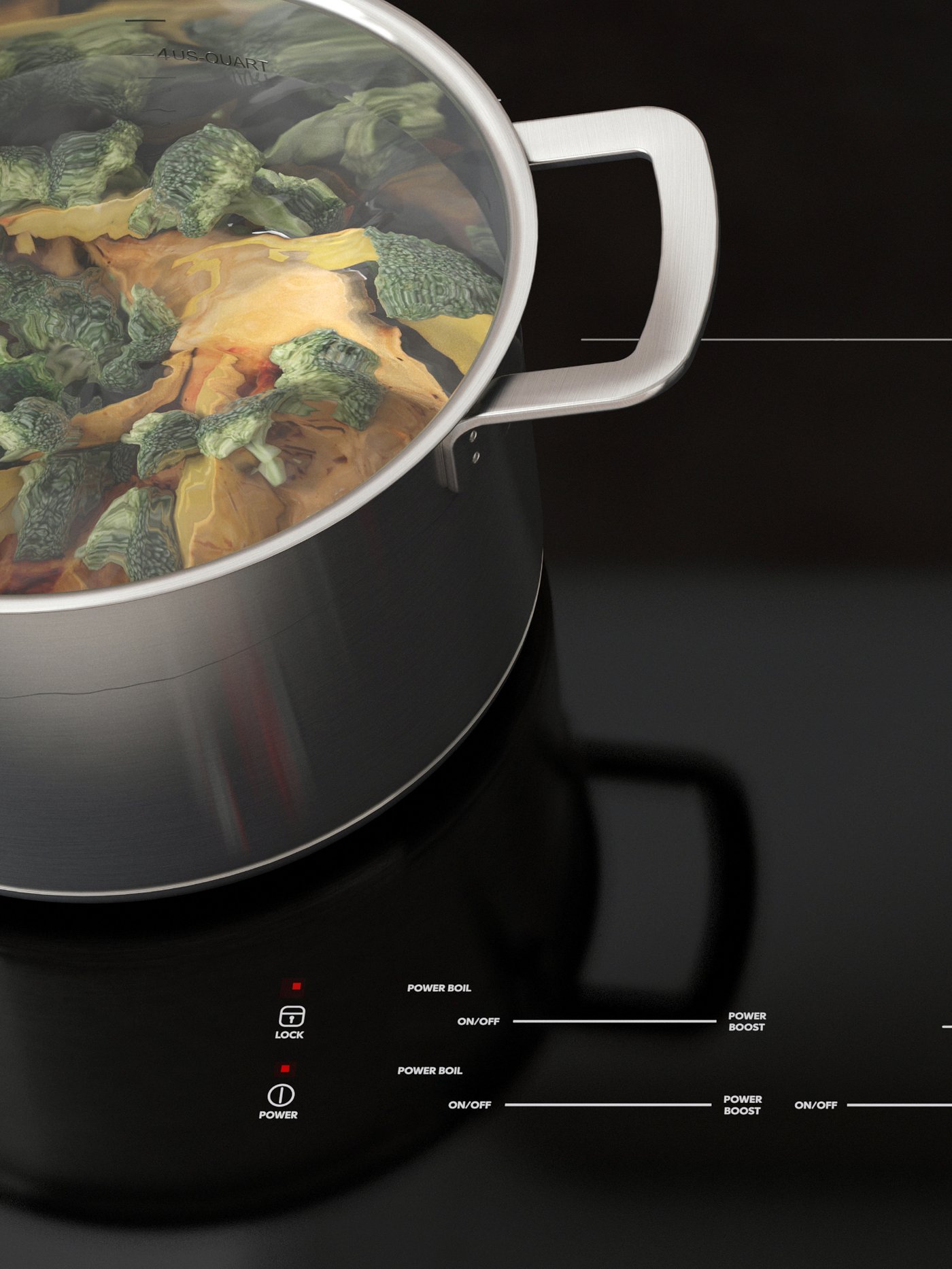 A stainless steel pot containing broccoli and other vegetables is resting on a black SÄRKLASSIG induction cooktop.