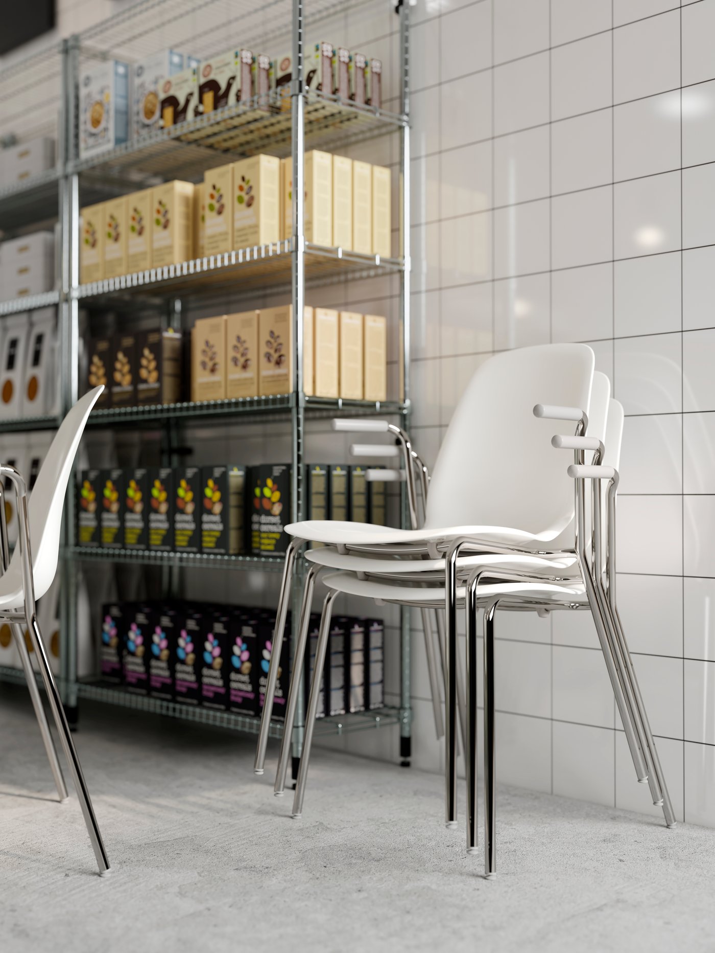 Three LEIFARNE white chairs stacked together, shown next to an open shelving unit filled with food packages.