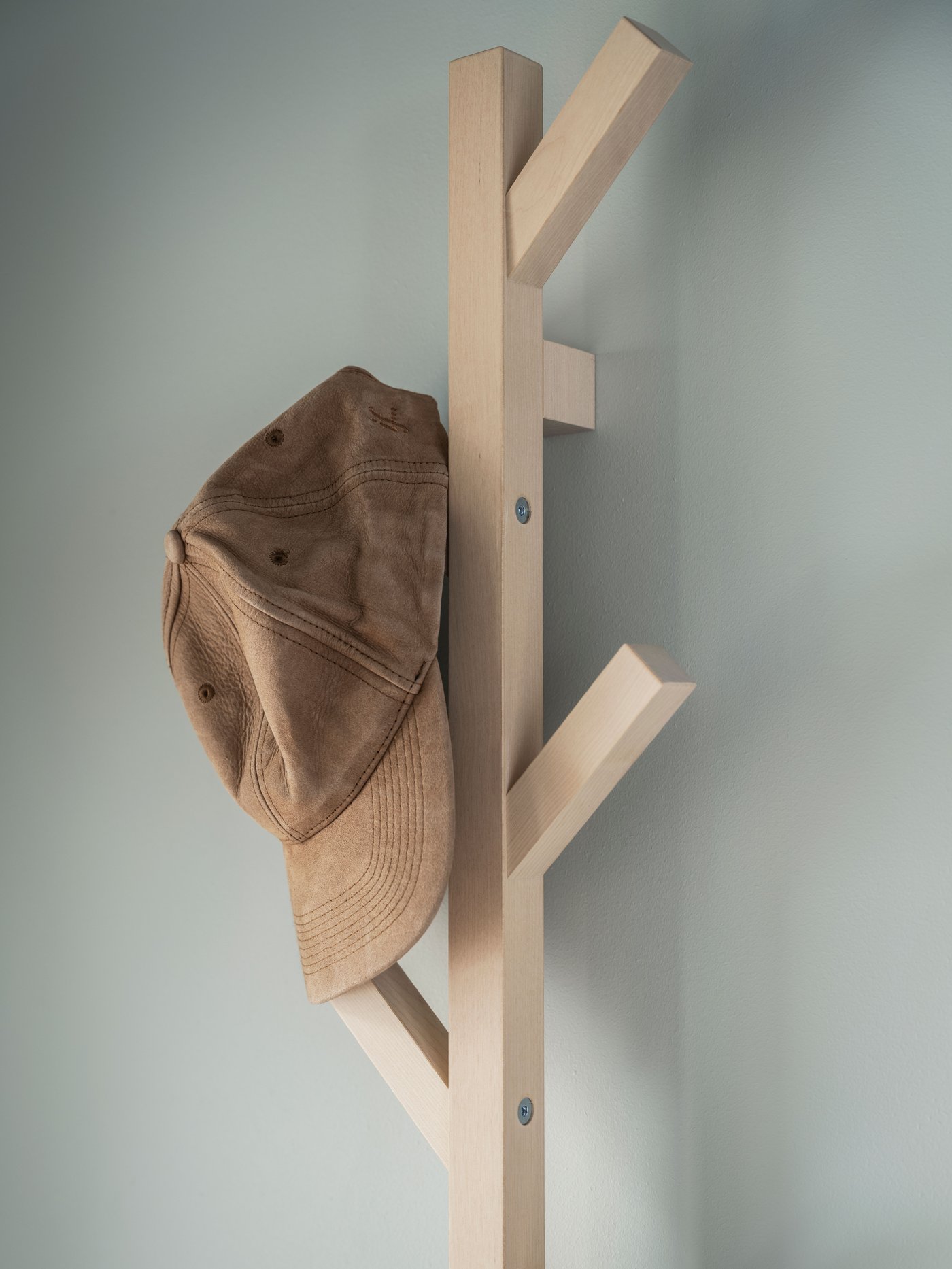 A leather cap hangs on a hook of a wall-mounted TJUSIG birch vertical hook rack, designed as a stylised tree branch.