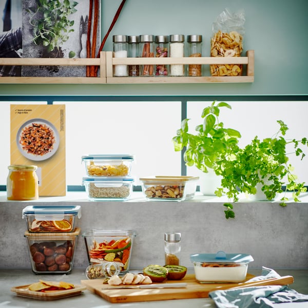 A square/glass IKEA 365+ food container in the kitchen