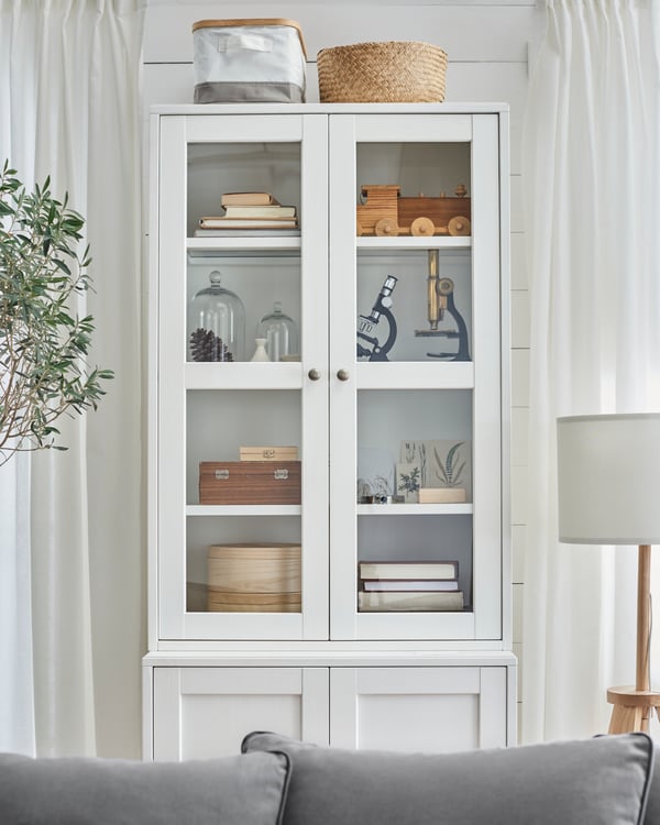 HAVSTA Storage combination with glass-doors with living room accessories inside