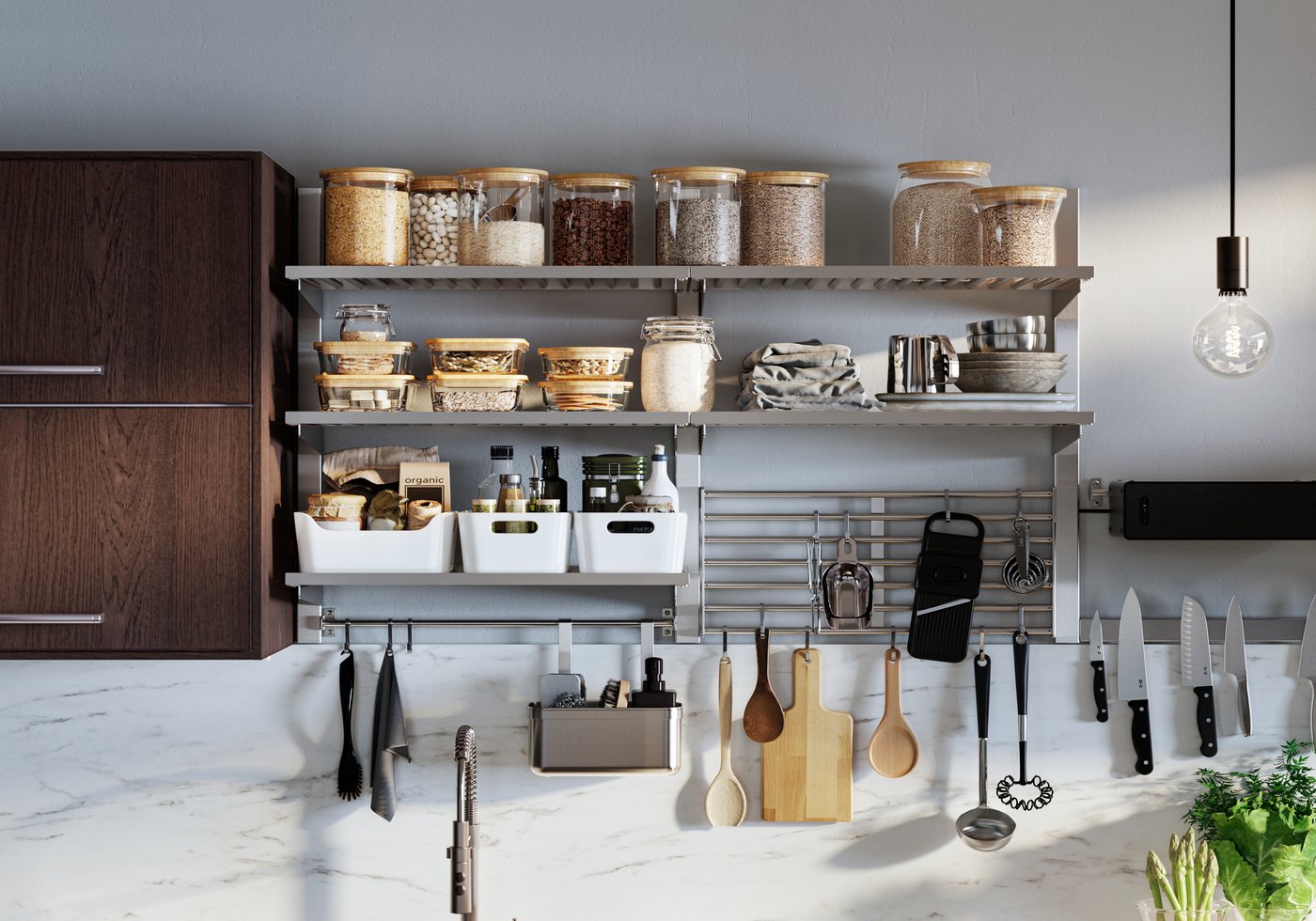 A stainless steel KUNGSFORS suspension rail with shelf/wll grid