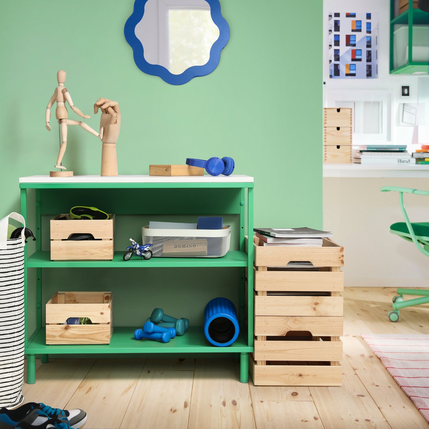 A white/green PLATSA open shelving unit