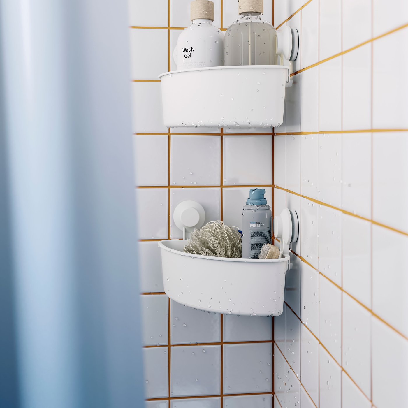 A white/dark blue NYCKELN shower curtain in the bathroom