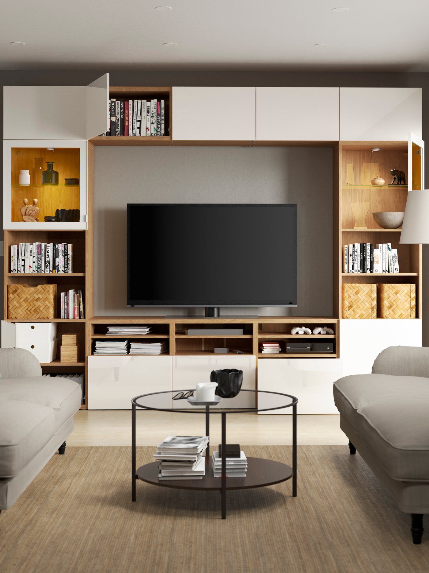 A BESTÅ T14/po 300x42x231 oak/Sels/wh cgl in the living room