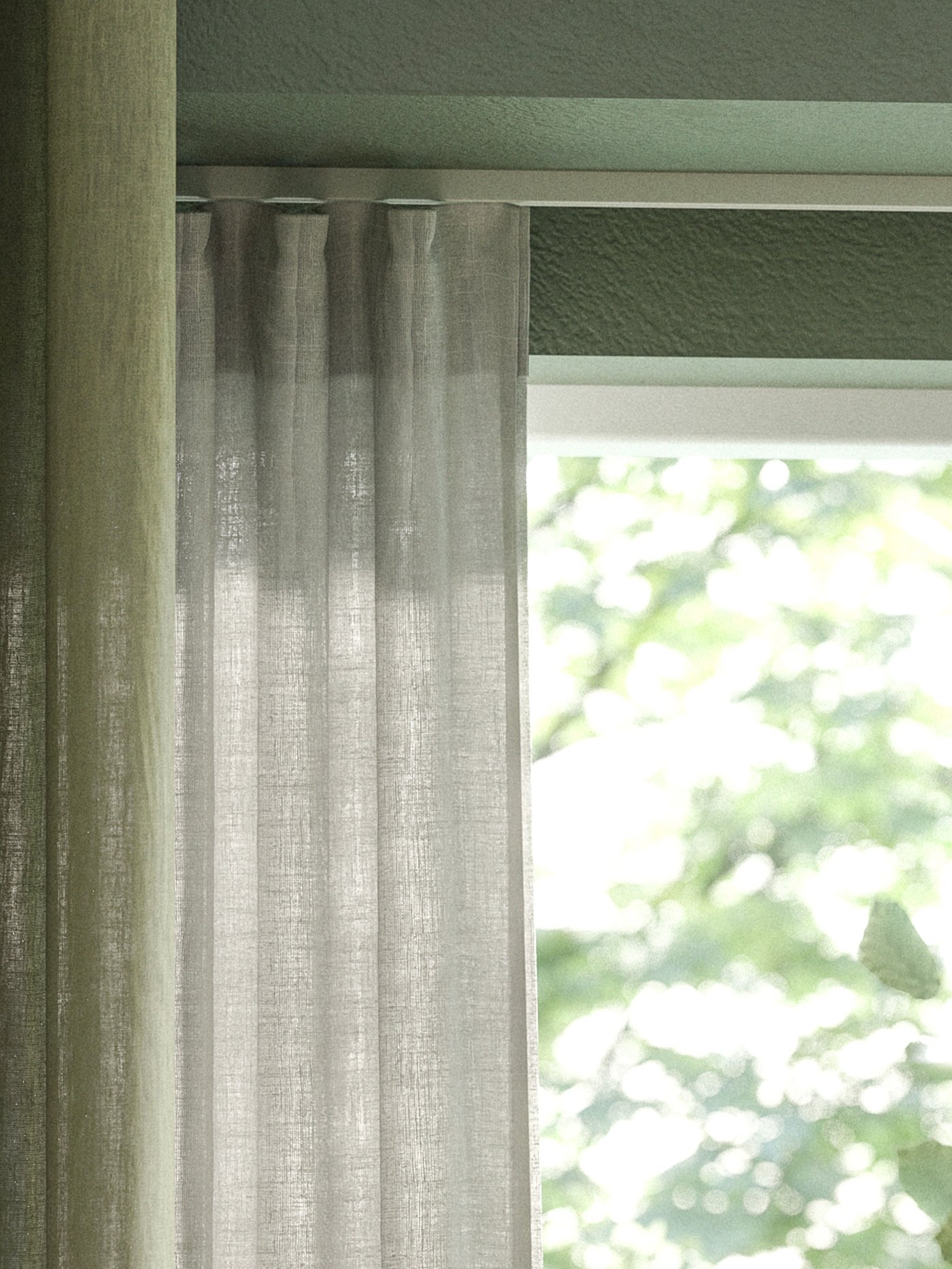 Cortinas DYTÅG color verde grisáceo con cinta de fruncir, 1 par, en un espacio interior.