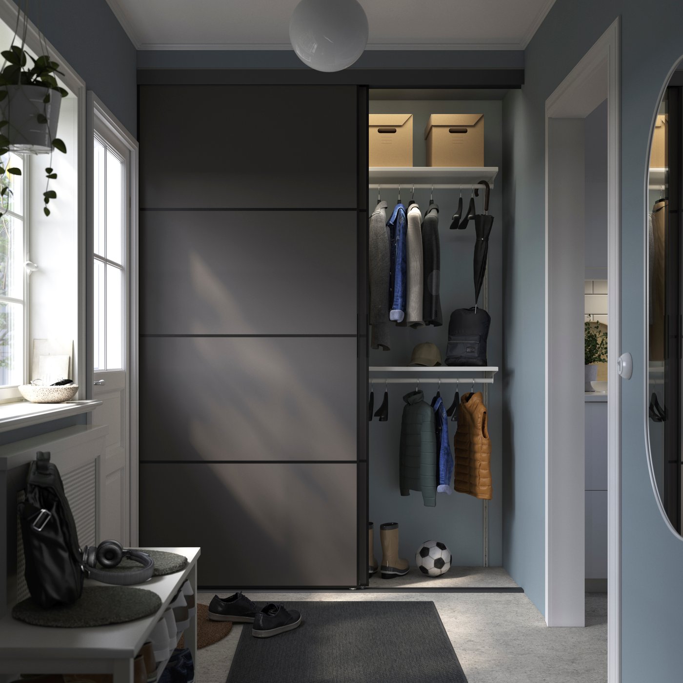 A black double sided/Mehamn dark grey BOAXEL reach-in wardrobe with sliding door