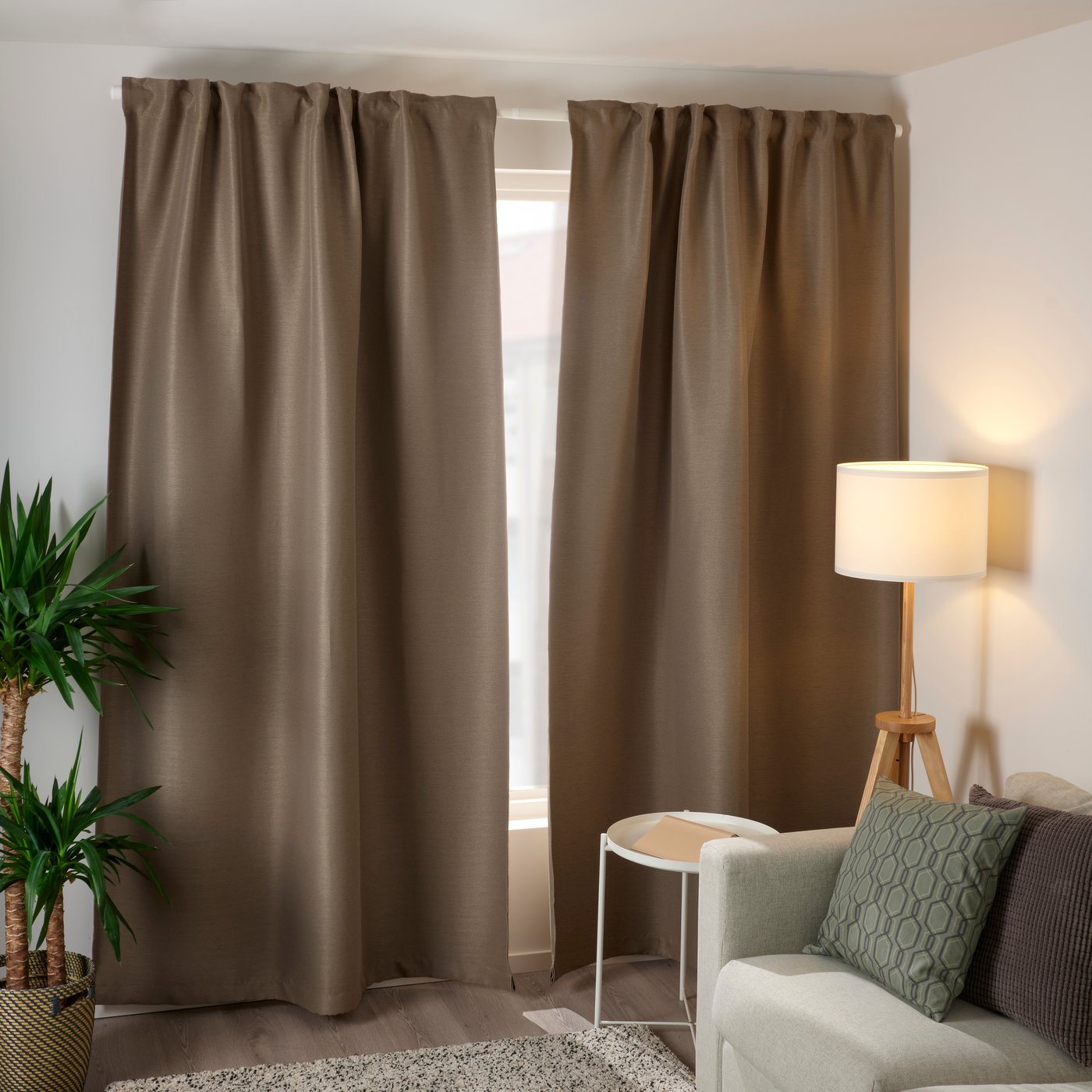 A dark grey-beige/with heading tape VILBORG room darkening curtains, 1 pair