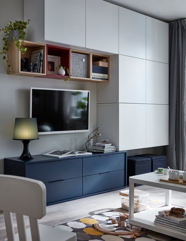 A white stained oak effect EKET cabinet in the living room
