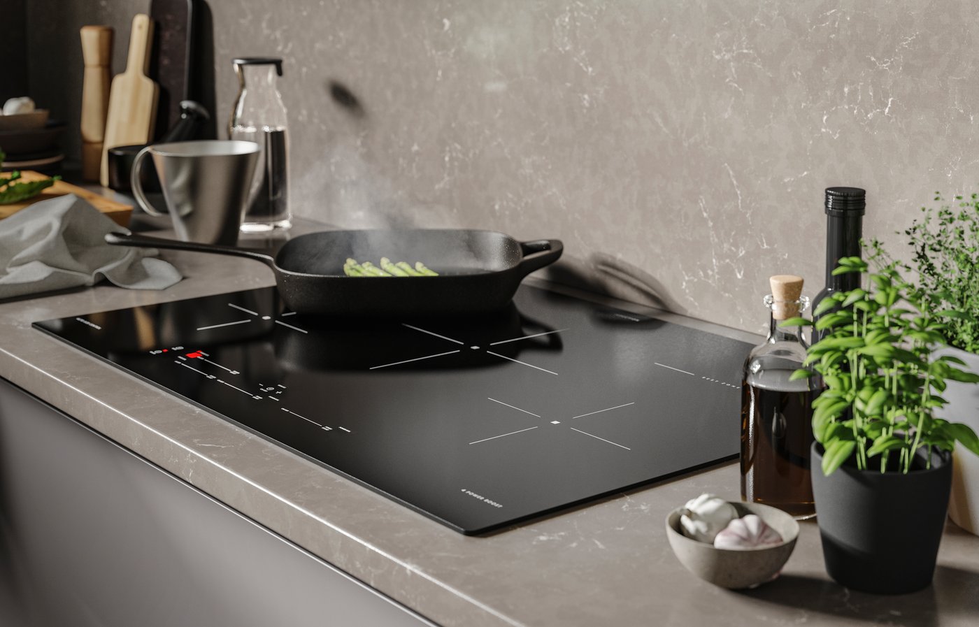 A VARDAGEN grill pan cooking broccoli on a black SÄRKLASSIG induction hob. There are kitchen utensils in the background.