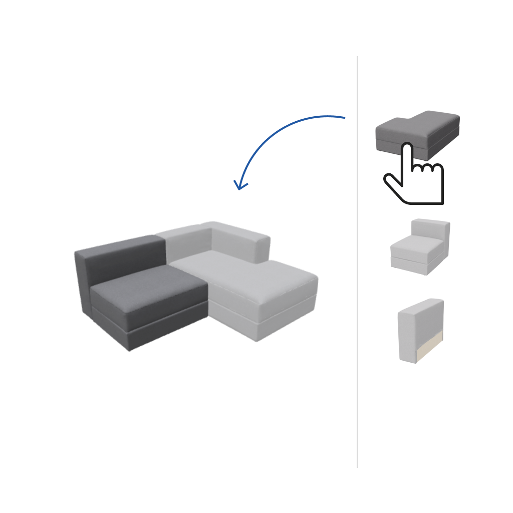 Vizuelizacija iz 3D alata pokazuje kako se moduli za sofe dodaju i stvaraju odeljak za sofu.