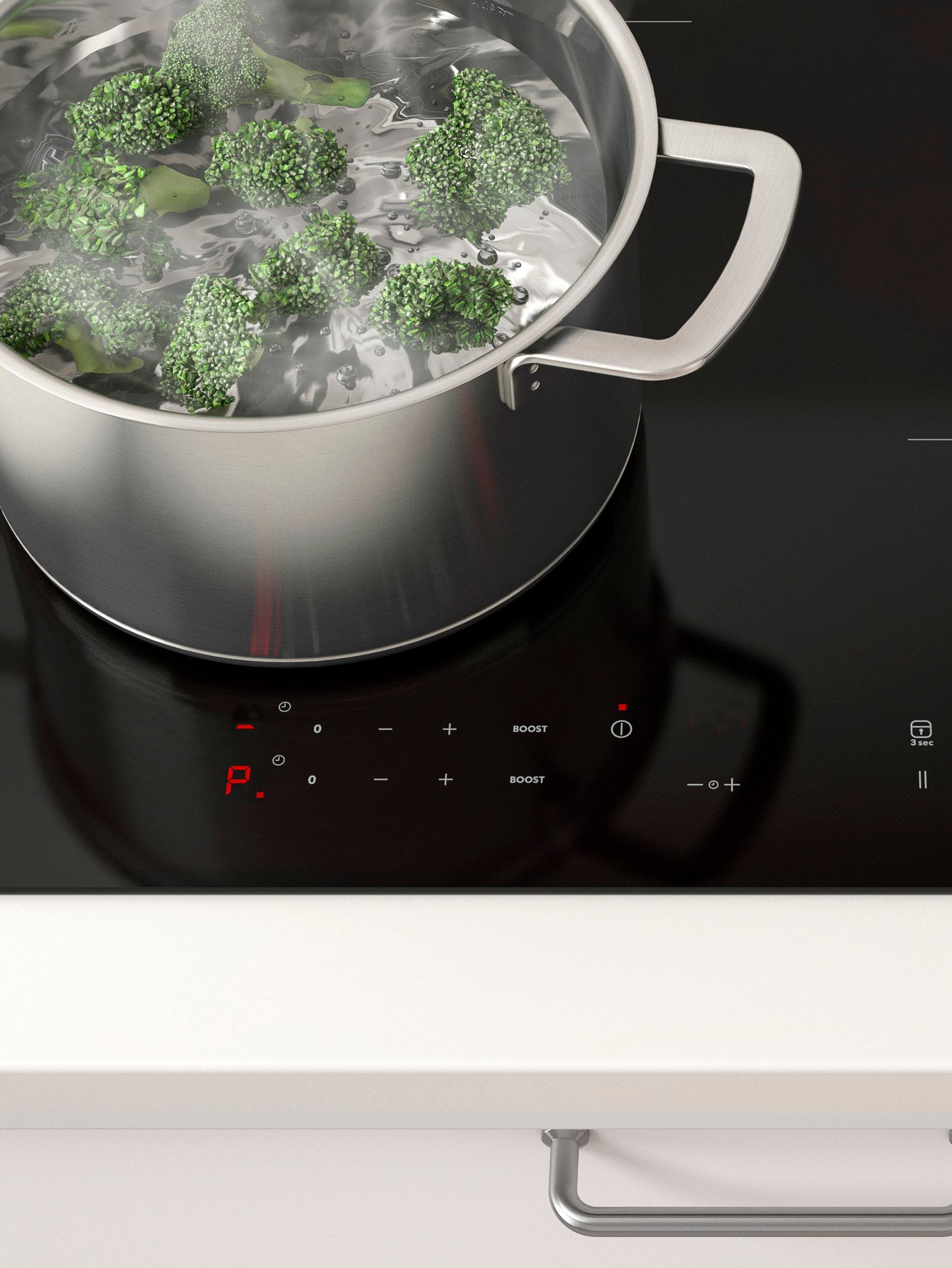 A stainless steel IKEA 365+ pot with handles boiling broccoli using the power booster function on the induction hob.