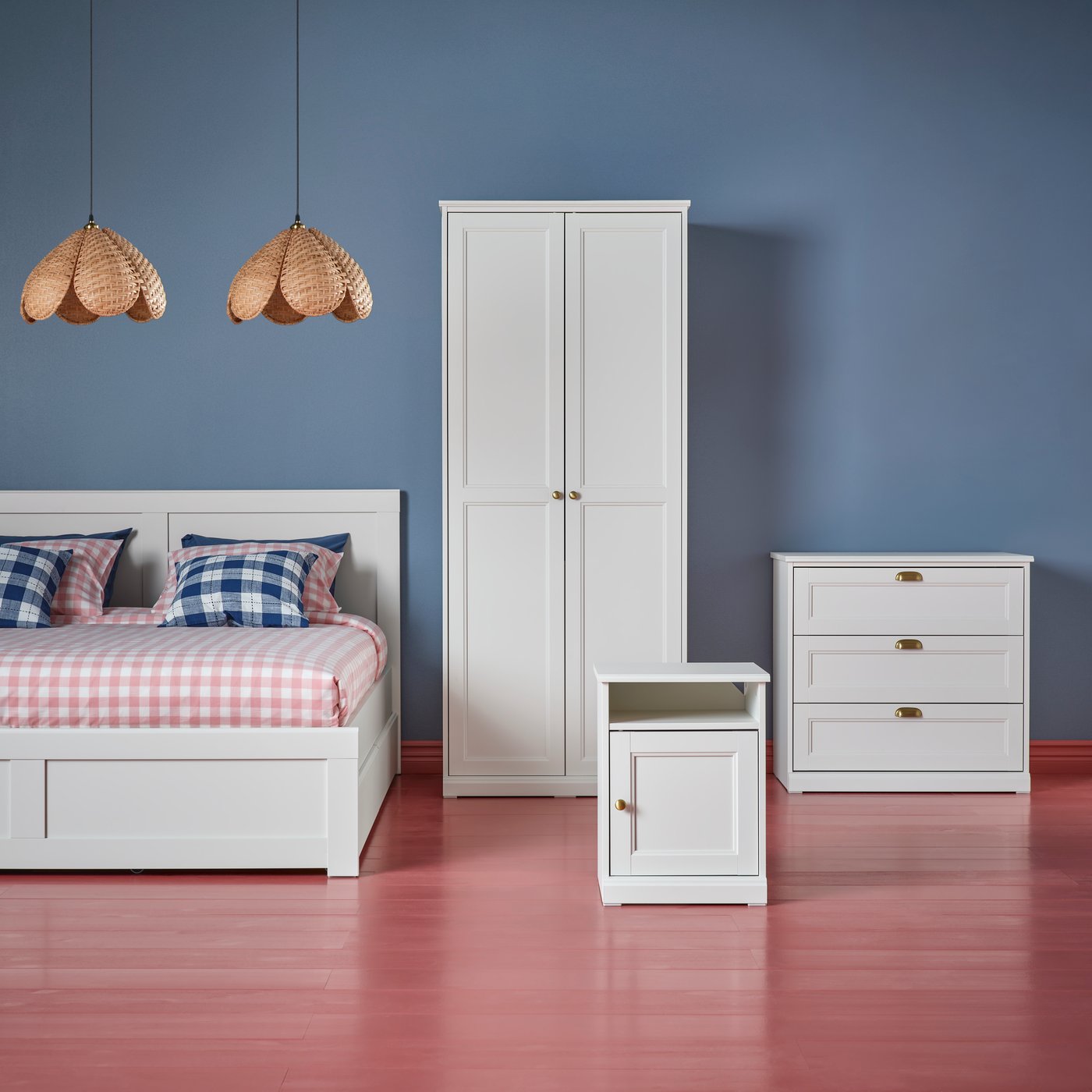 FÅGELFJÄLLET bed frame, bedside table, wardrobe and chest of drawers arranged in a still-life style in a studio setting.