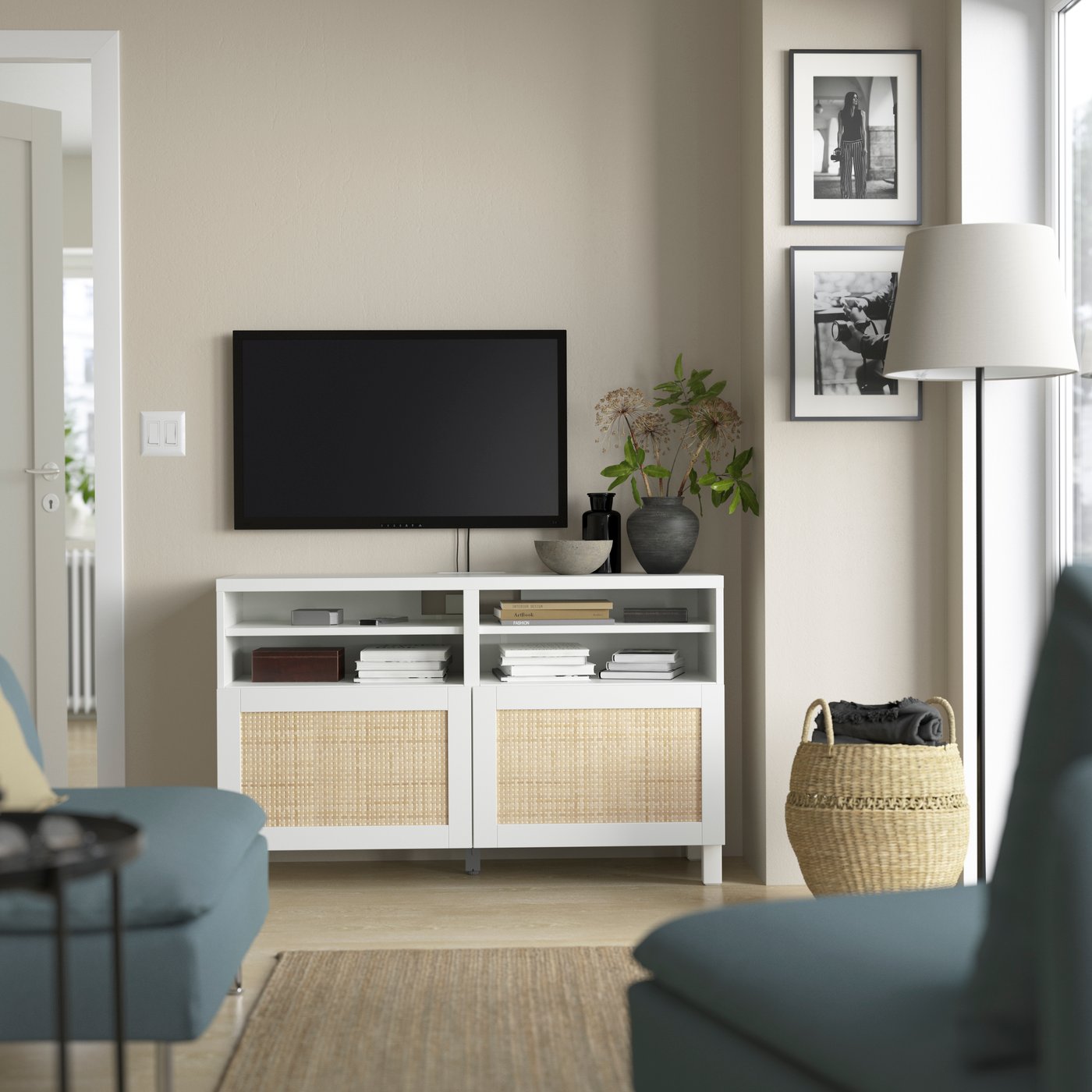 A white/Studsviken/Stubbarp white BESTÅ TV bench with doors