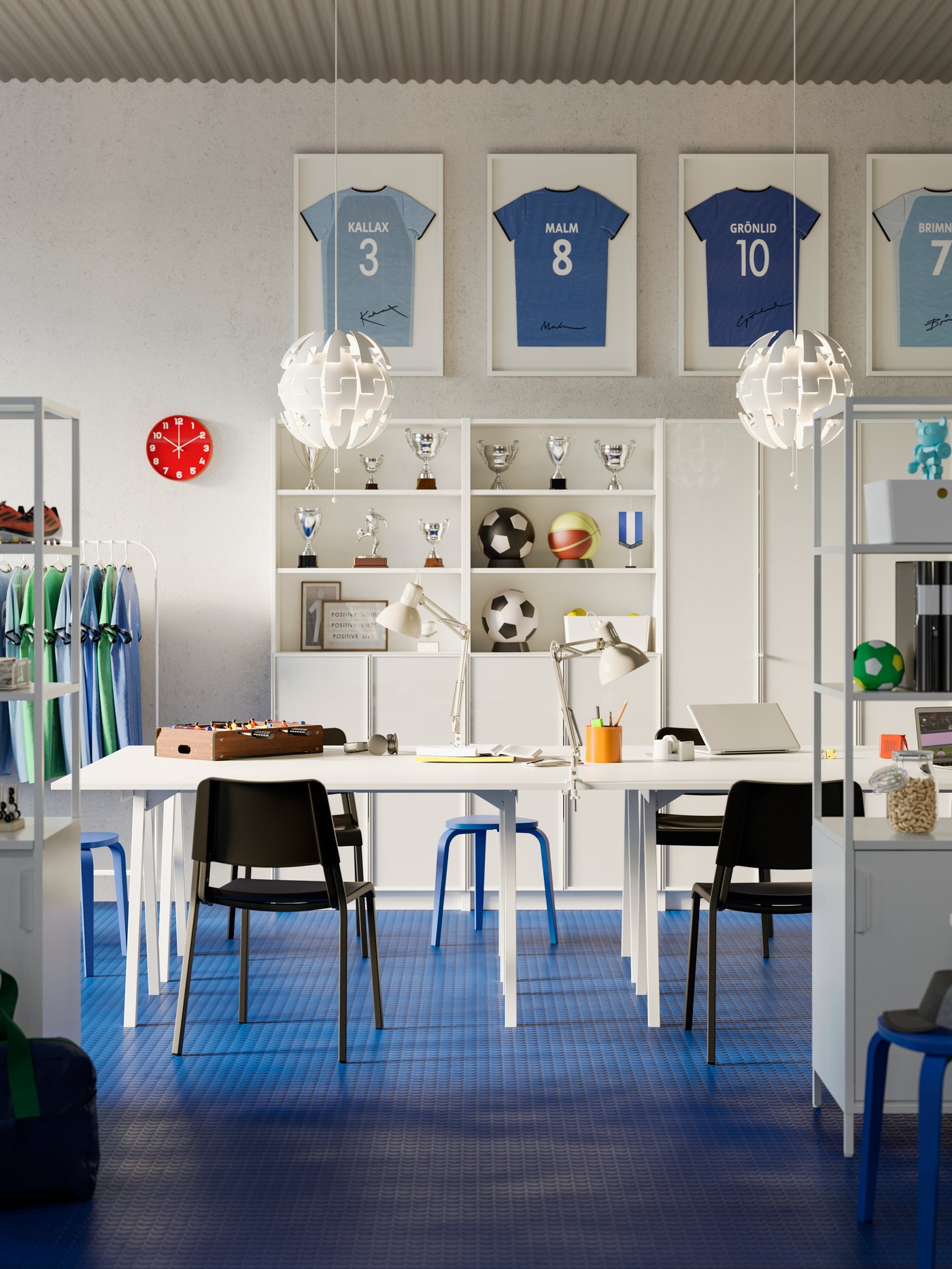 An open meeting area with white TROTTEN tables, black chairs and BILLY bookcase in an office with blue floor and white walls. 