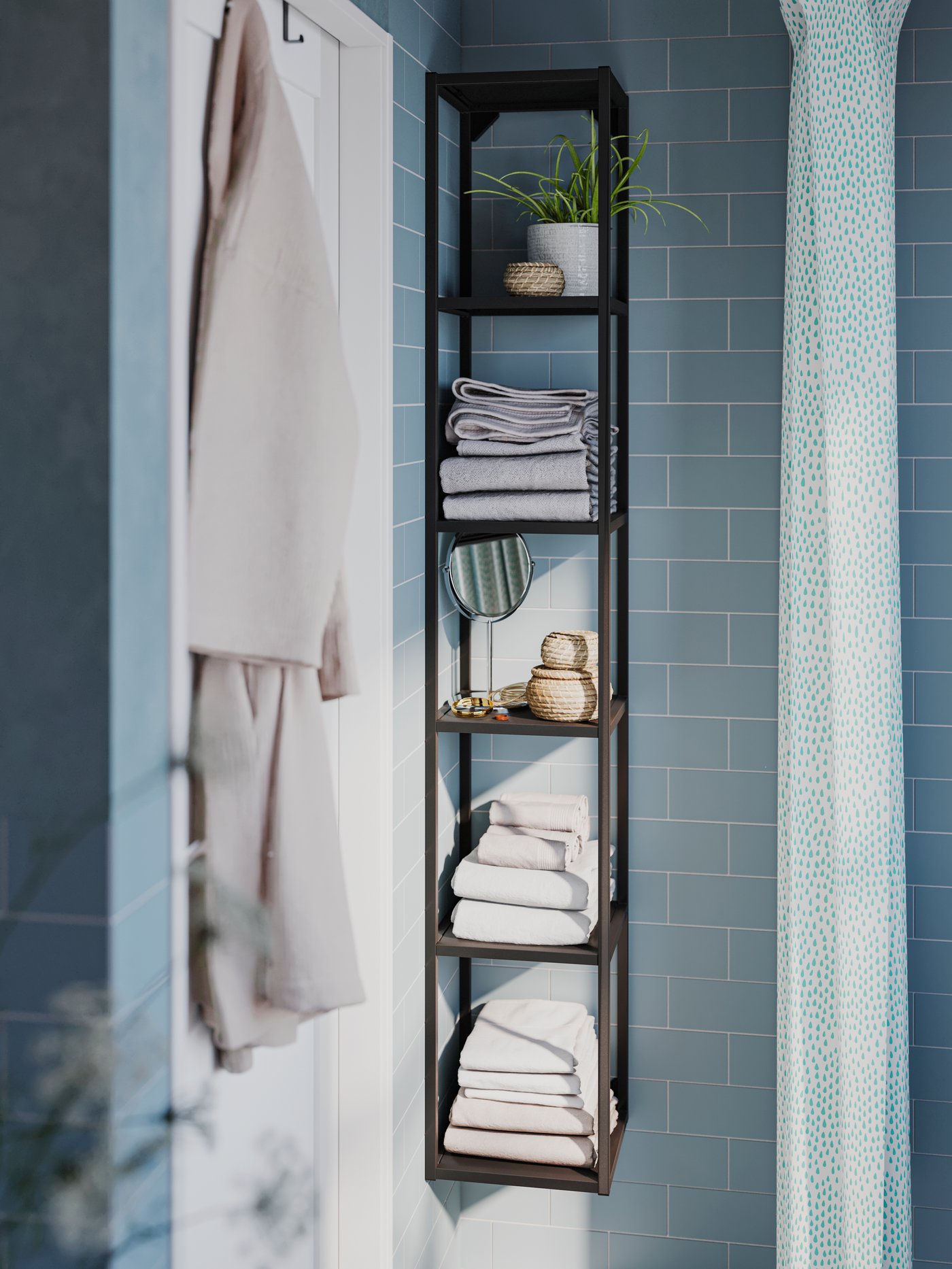 A light grey/beige VINARN bath towel in the bathroom