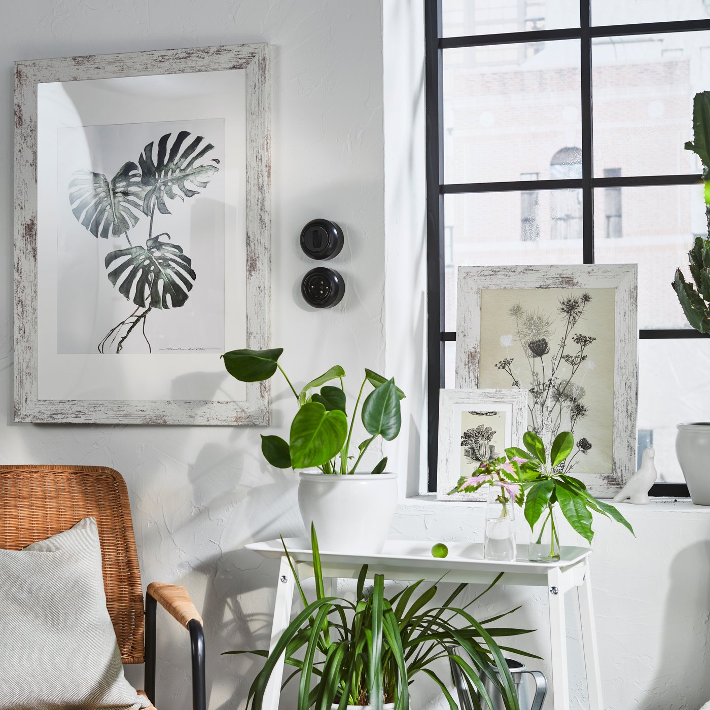 Två tavlor med motiv av växter och blommor - den ena hänger på en vit och den andra står i ett fönster. Nedanför fönstret finns ett piedestal med gröna växter på.