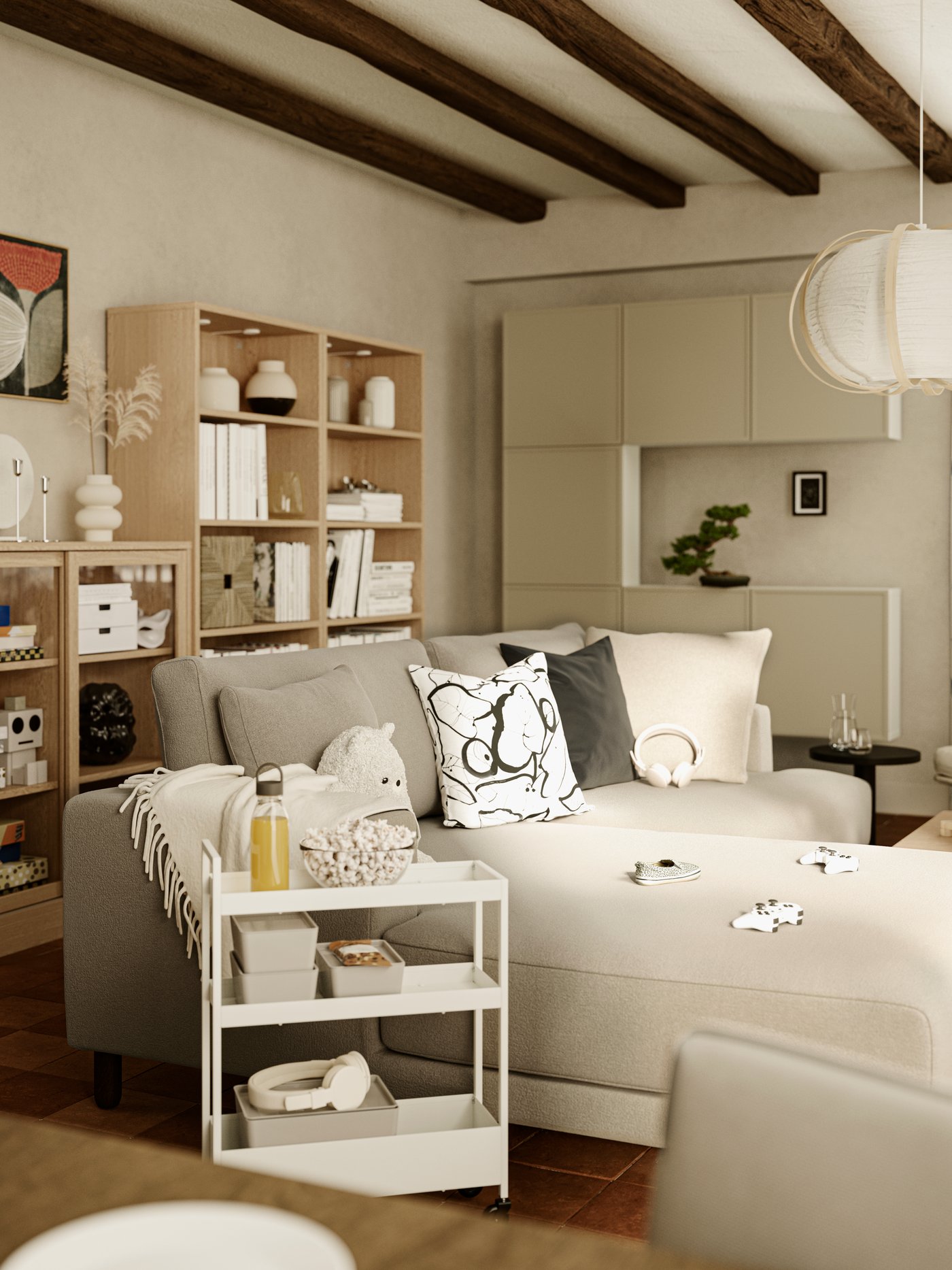 A TONSTAD bookcase and a glass-door cabinet stand behind a UPPÅKRA 3-seat modular sofa with chaise longue.