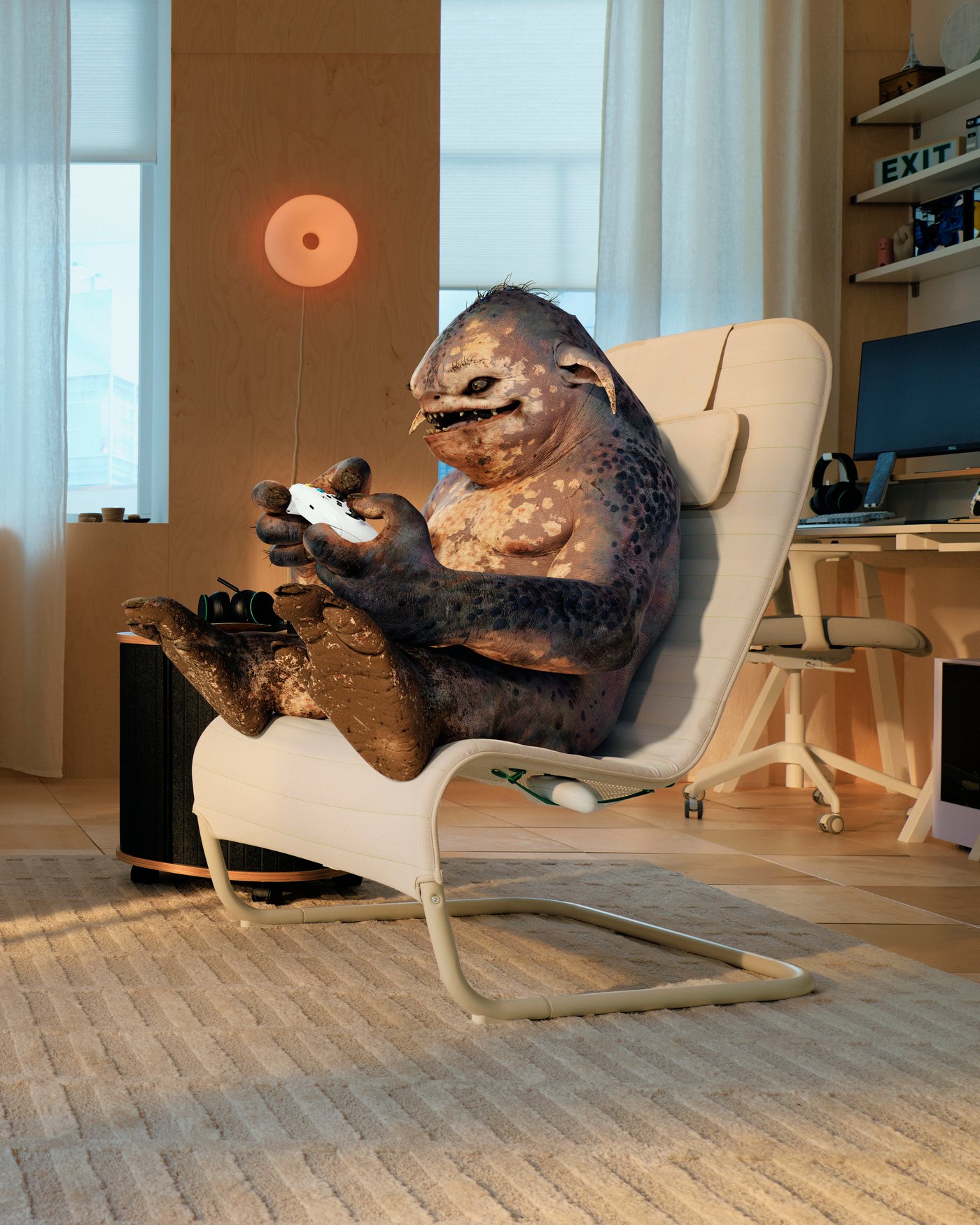 Eine weiss/vernickelte GRANHULT-Wandregalkombination im Wohnzimmer.