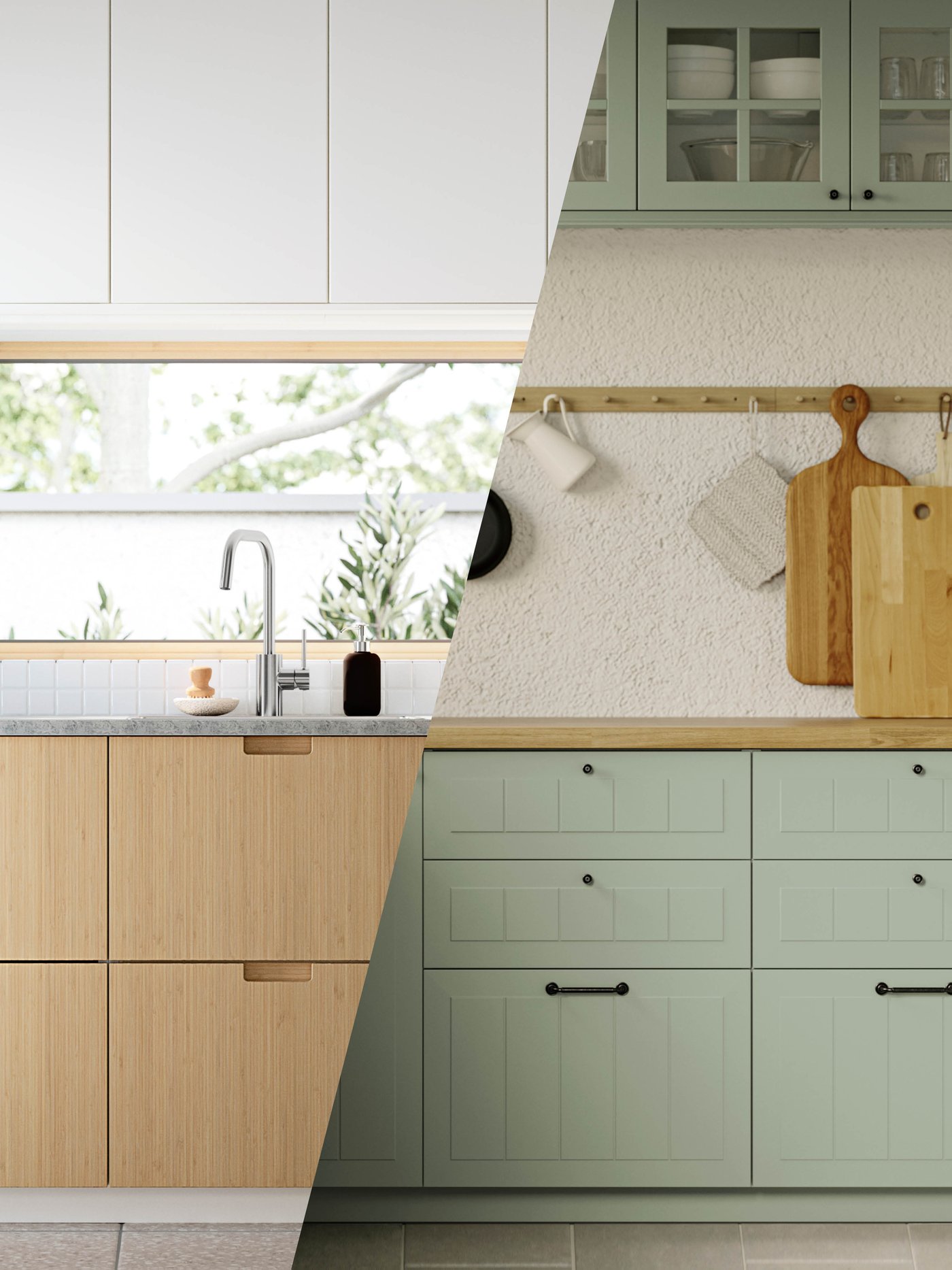 Split screen of two styles of kitchens, one in light oak and one in green traditional.