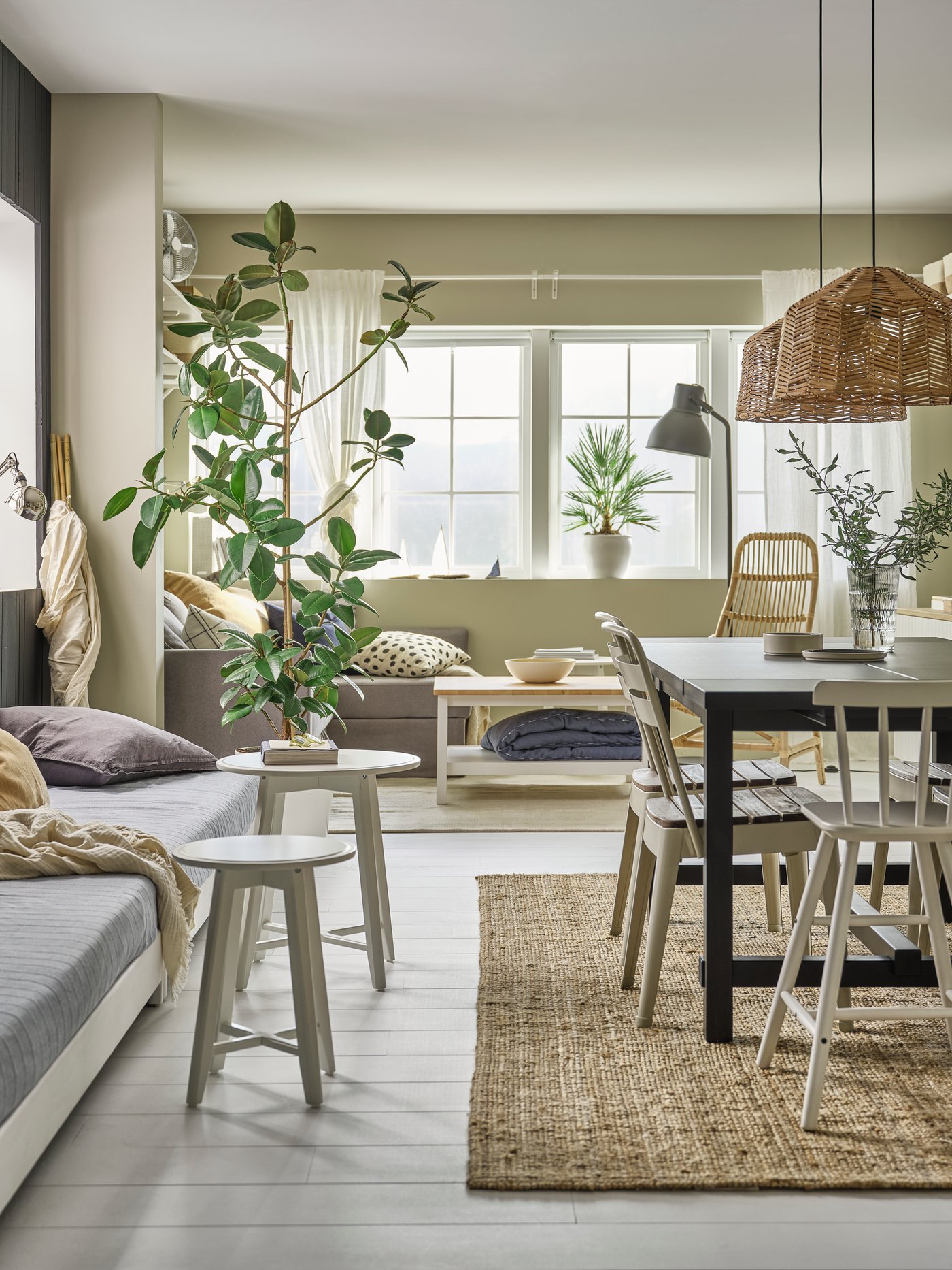 Espace salon-salle à manger ouvert et lumineux décoré dans des tons neutres. Il y a des canapés gris, une table à manger brun foncé, des chaises blanches et de grosses plantes.