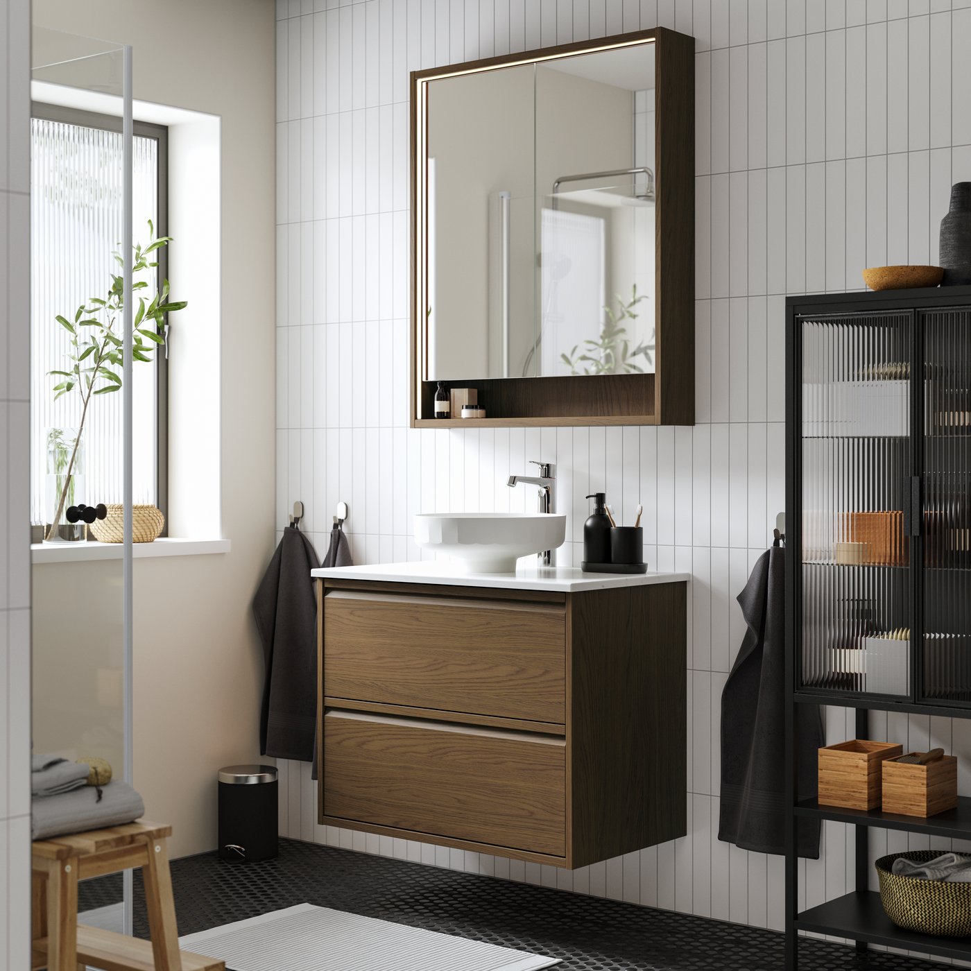 A brown oak effect/white marble effect LERSJÖN wash-stnd w drawers/wash-basin/tap