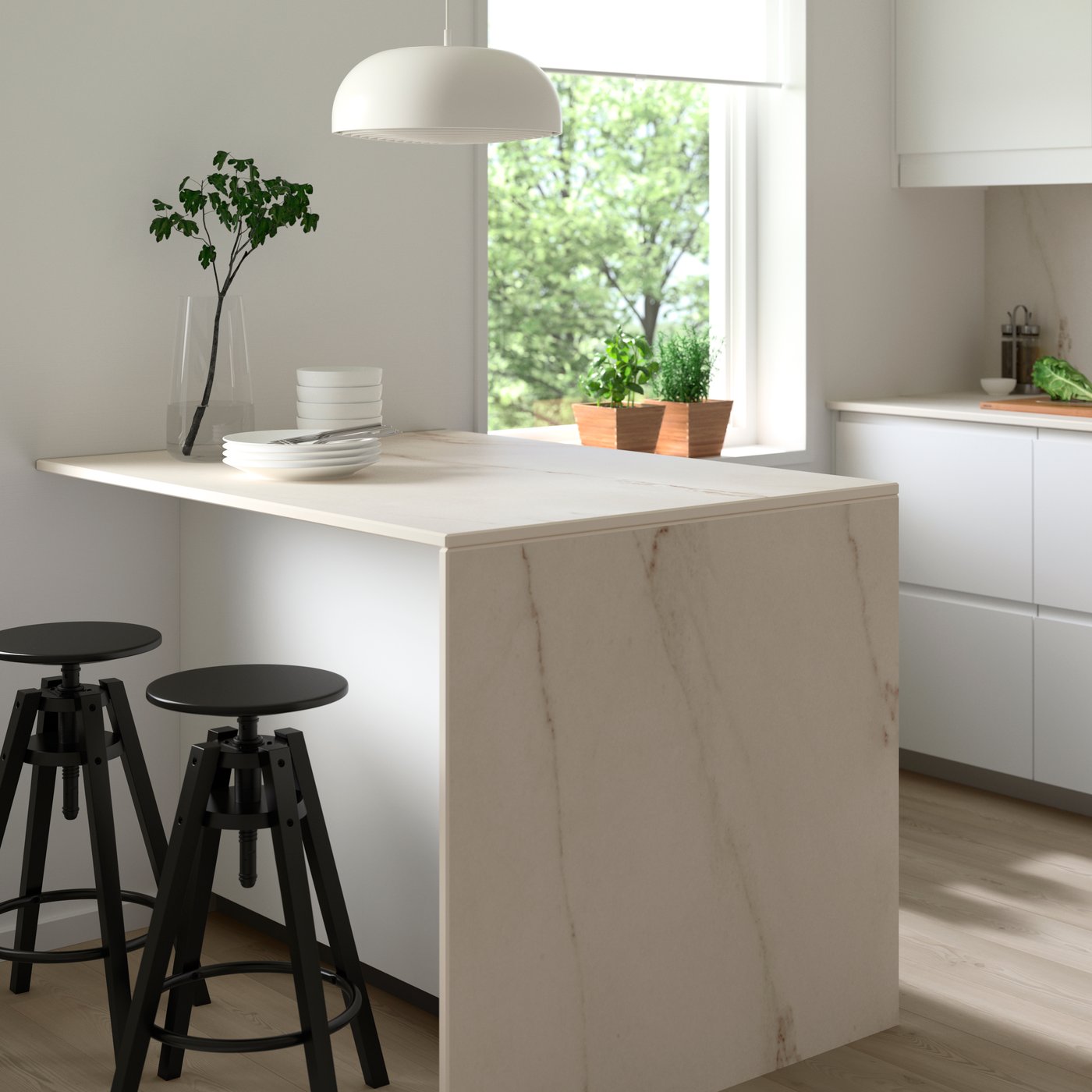 A matt off-white/marble effect high pressure porcelain MÖCKLARP custom made worktop