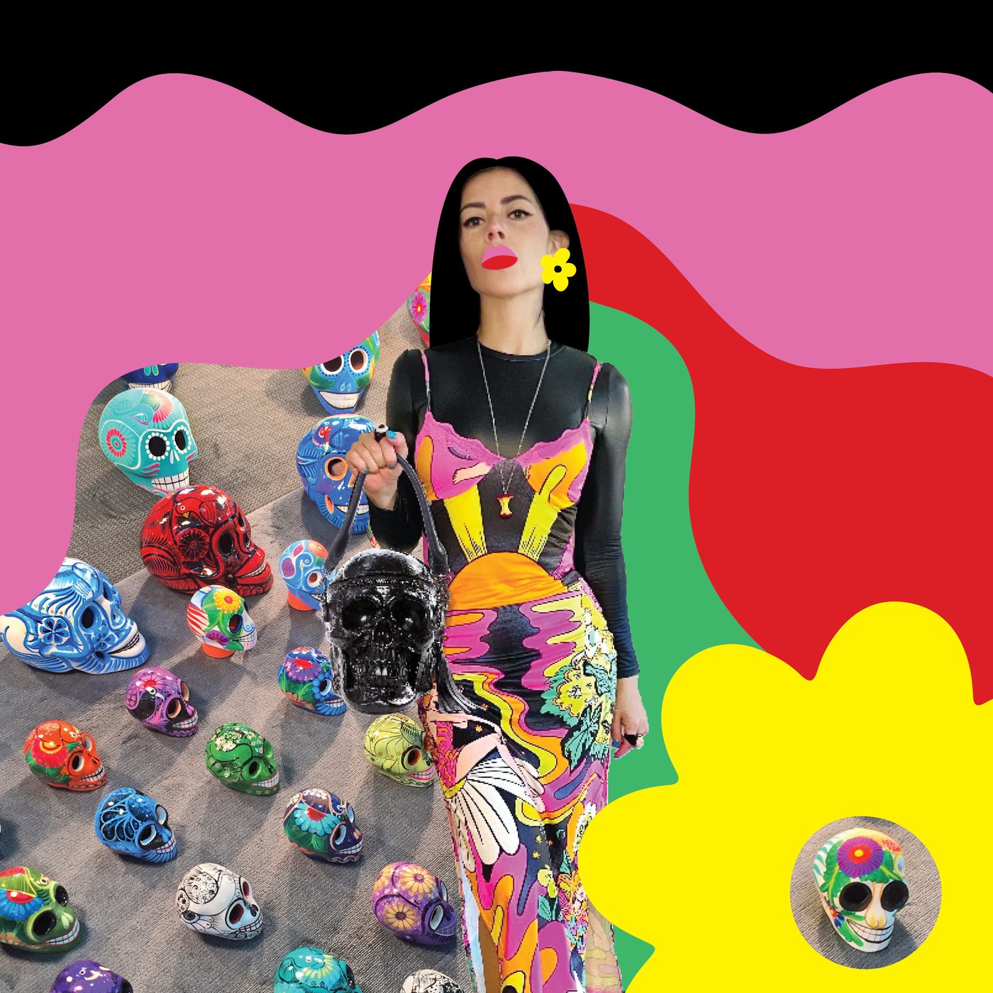 A moodboard in pink, yellow, green, red, and black with a portrait of Liz in the front next to an image of colorful painted skulls.