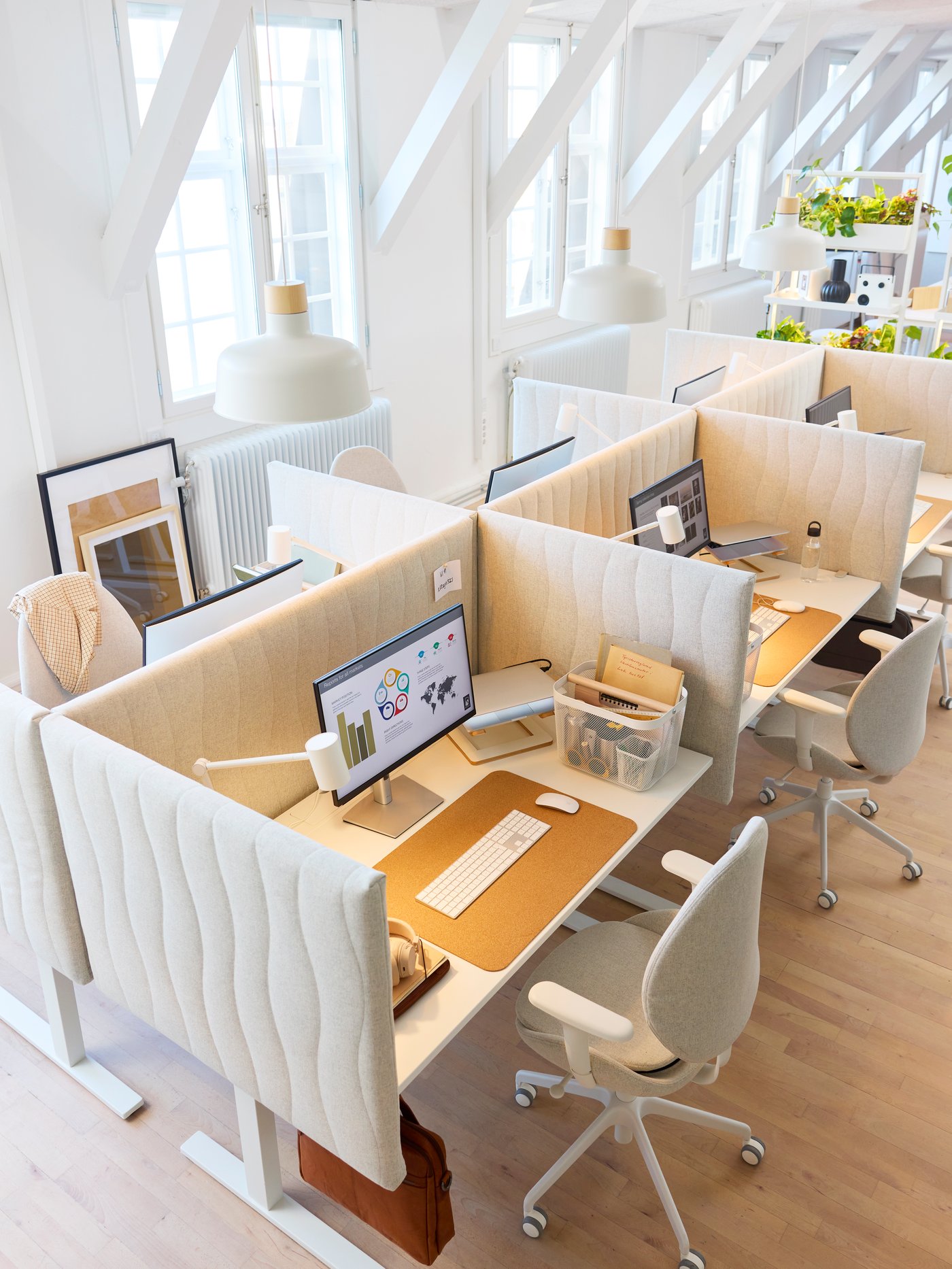 Moderne kontor med flere arbejdsstationer, computere, lysskærme, store vinduer og planter på hylder.