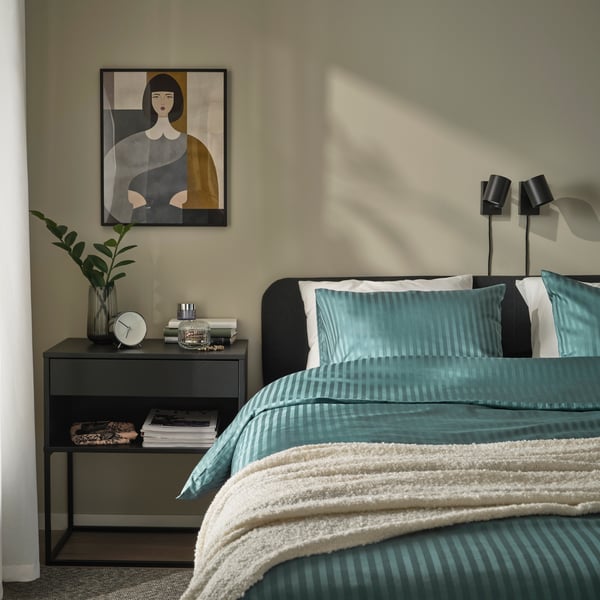 A Vissle dark grey SLATTUM upholstered bed frame