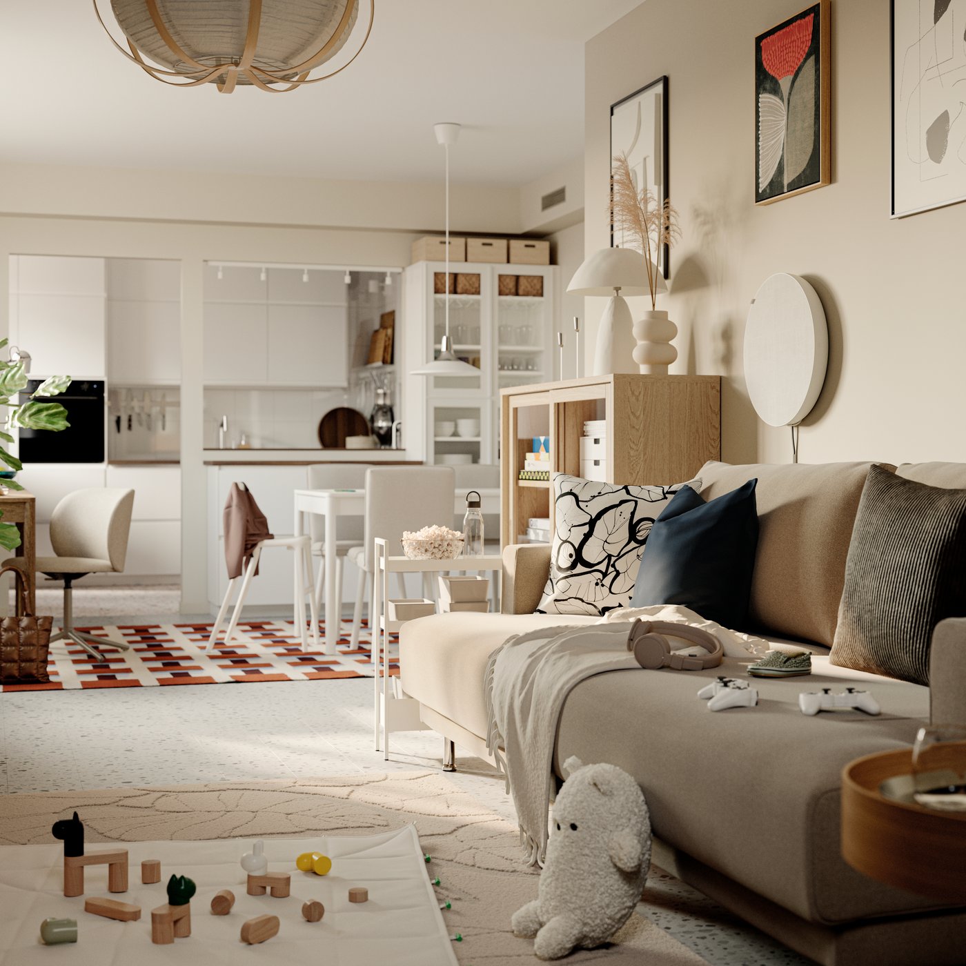 A NISSAFORS trolley stands in front of a TONSTAD cabinet with sliding glass doors beside an UPPÅKRA 3-seat modular sofa.