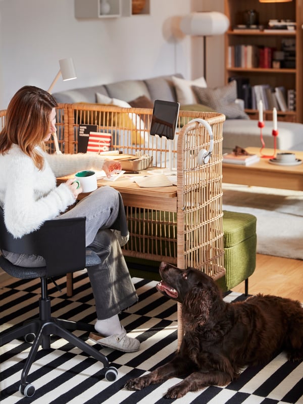 An off-white STOENSE rug, low pile in the living room