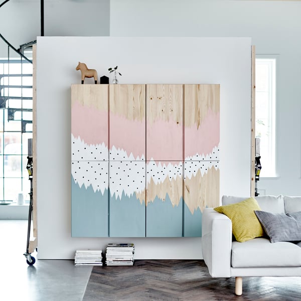 A pine IVAR cabinet in the living room.