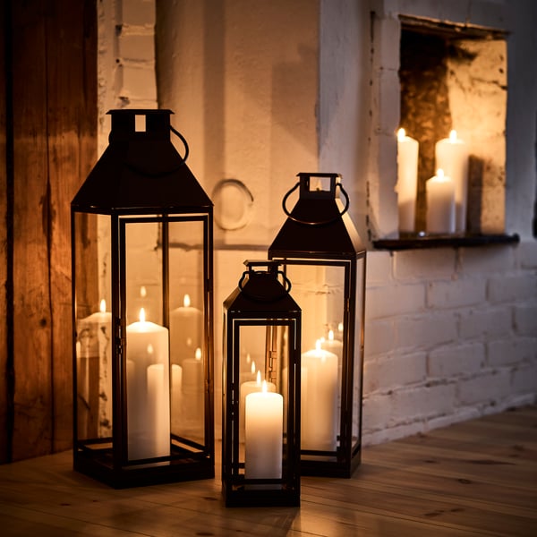 A copper-colour HÖSTAGILLE lantern for pillar candle, in/out in the dining room