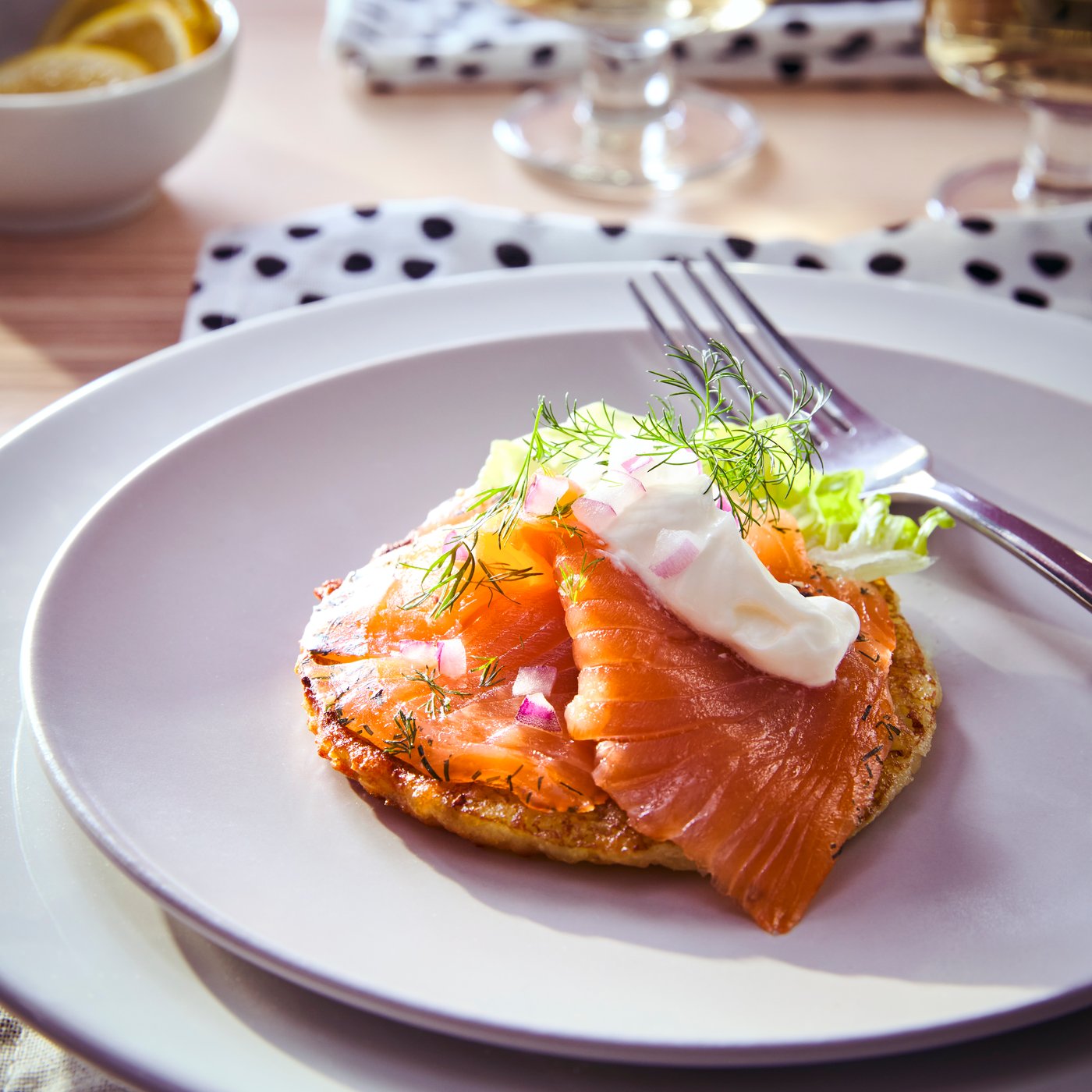 An ASC certified/frozen SJÖRAPPORT cured cold smoked salmon in the dining room