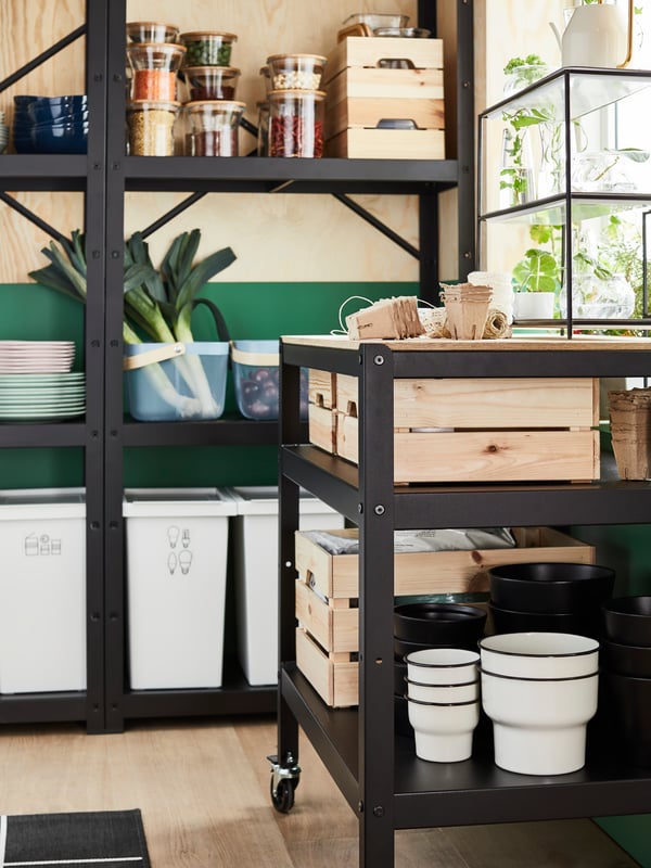 BROR heavy duty storage trolley and shelving rack in kitchen area with sorting bins, secondary storage boxes KNAGGLIG and RISATORP storage basket for vegetables.
