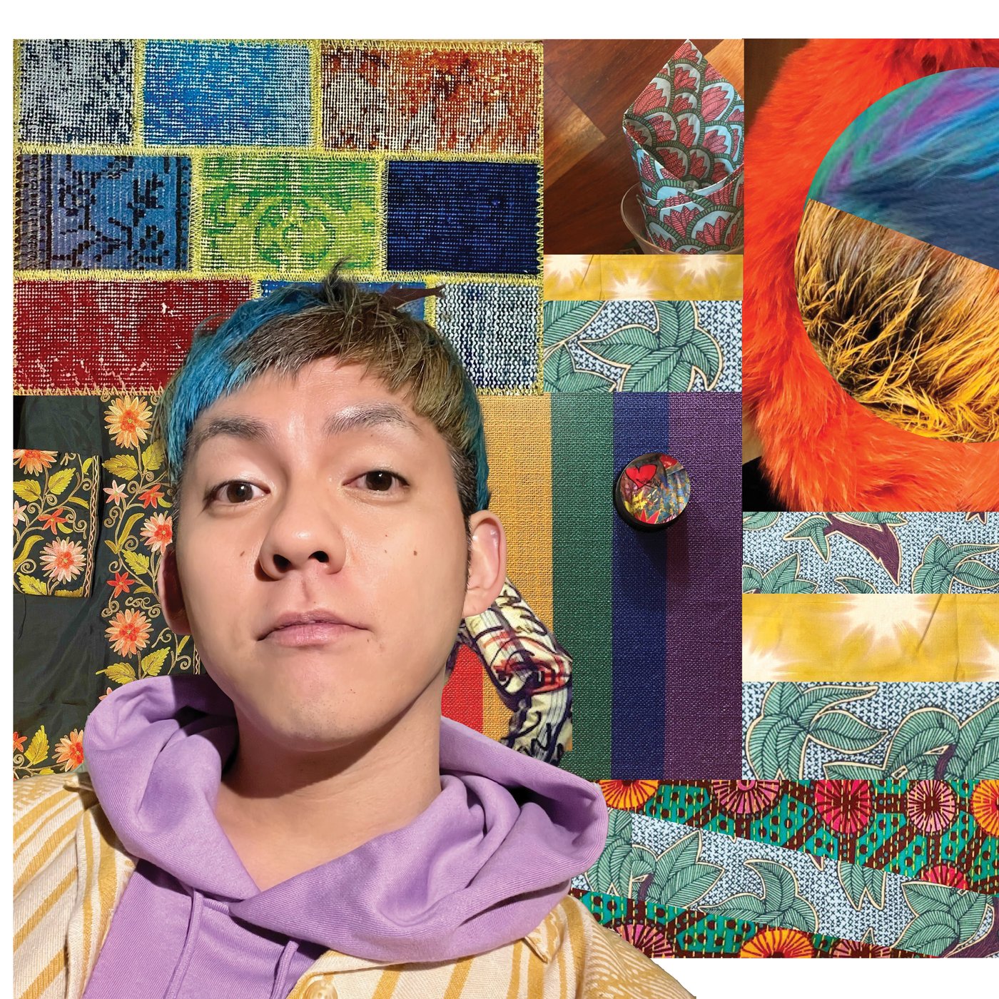A collage with a portrait of Jamie and images with colourful prints.