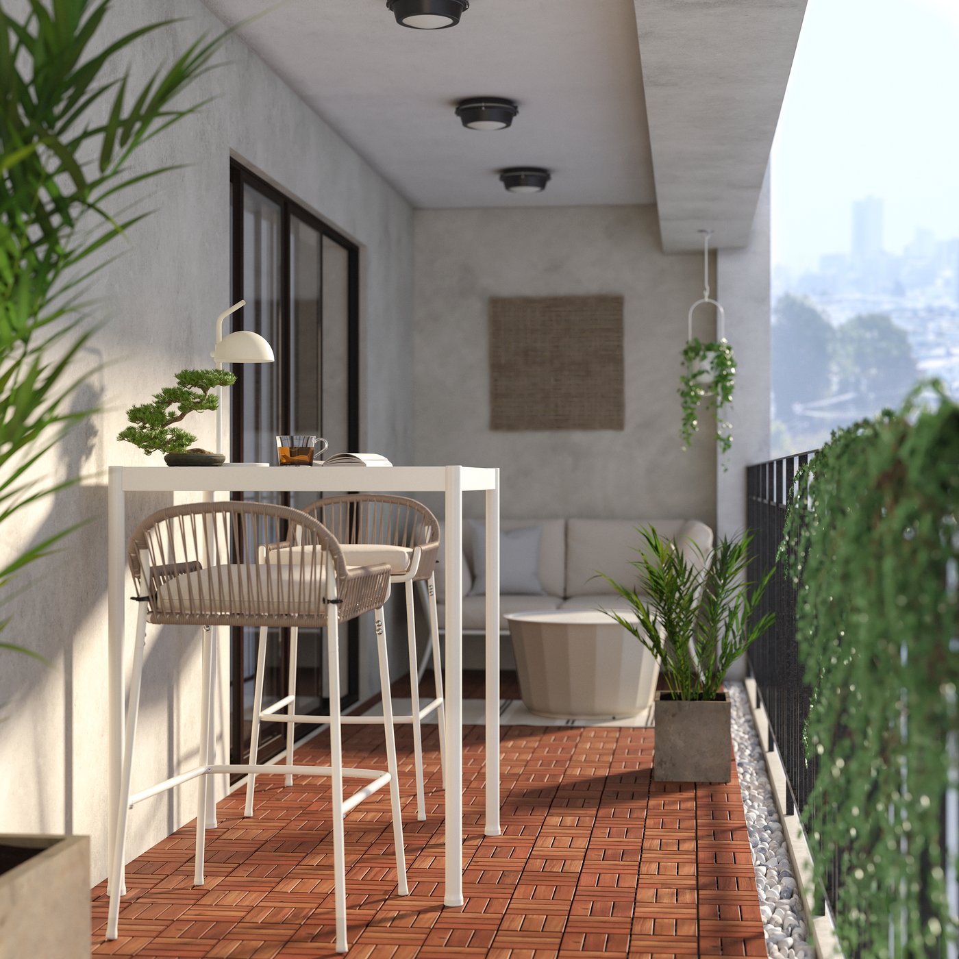 Una mesa de bar SEGERÖN en color blanco/beige/Frösön/Duvholmen beige y 2 taburetes de bar, para exterior.