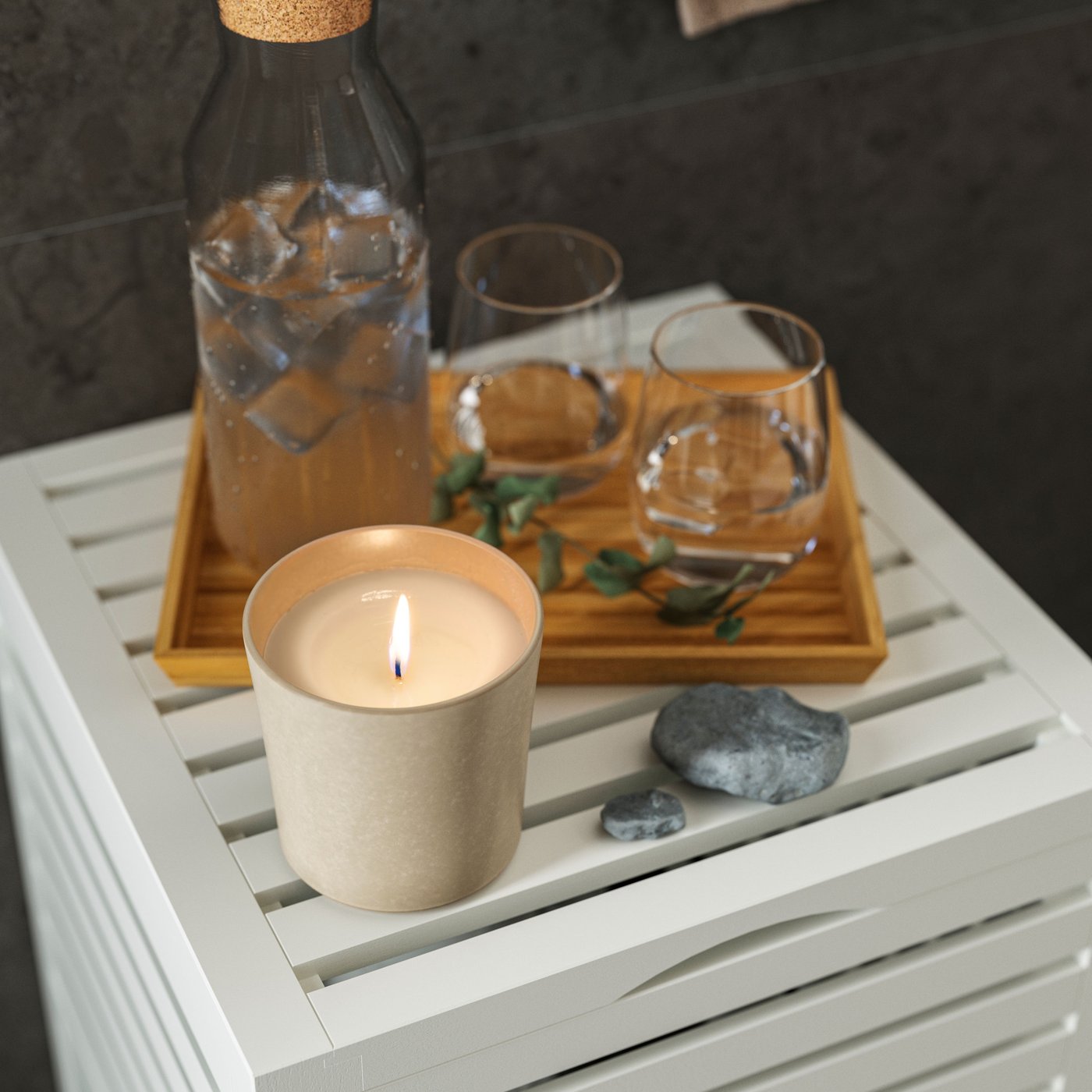 A white MUSKAN storage stool in the bathroom