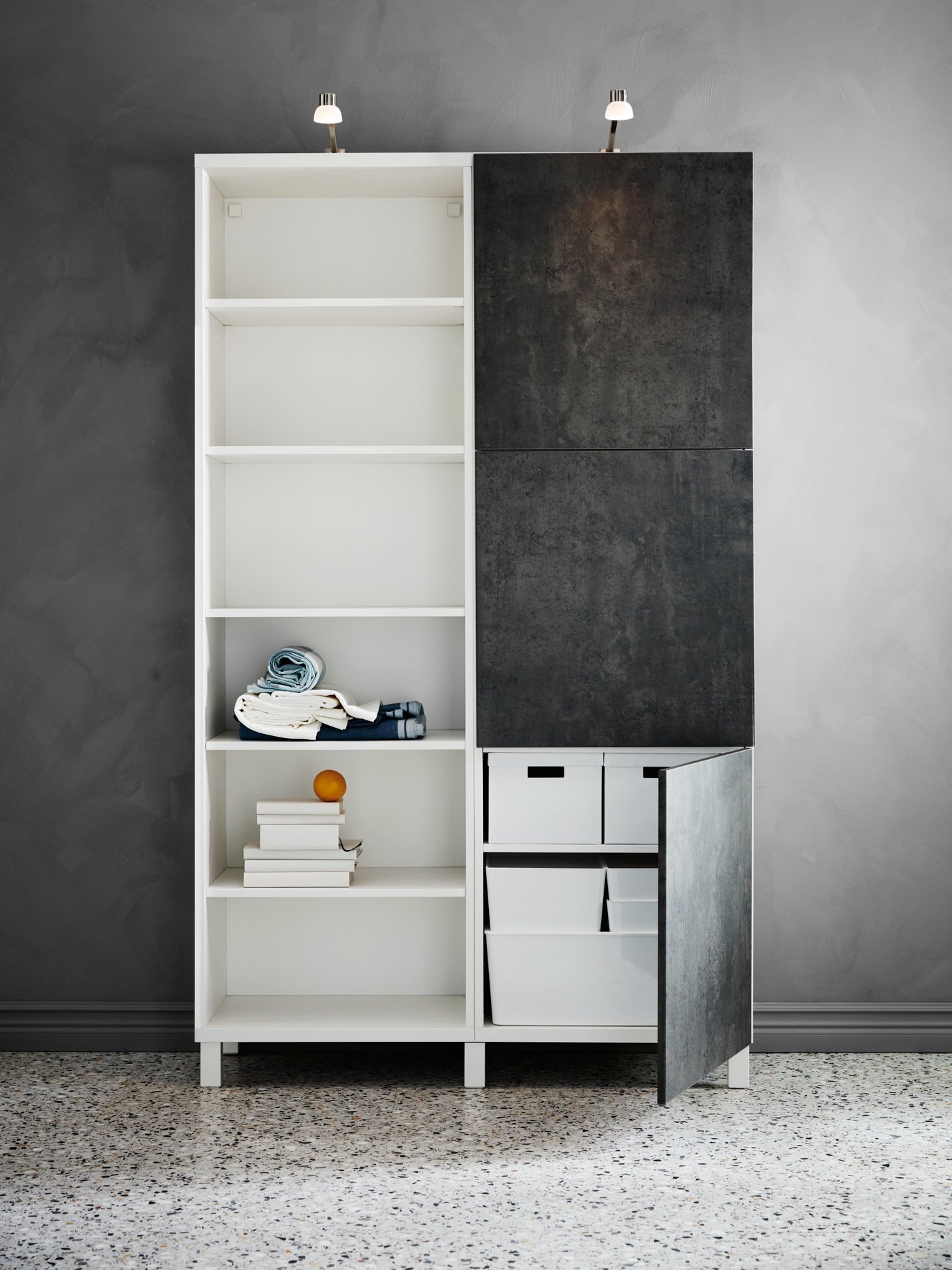 A white/Kallviken/Stubbarp concrete effect BESTÅ storage combination with doors in the bedroom
