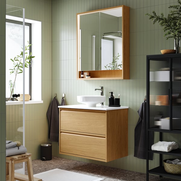 An oak effect/white marble effect LERSJÖN wash-stnd w drawers/wash-basin/tap
