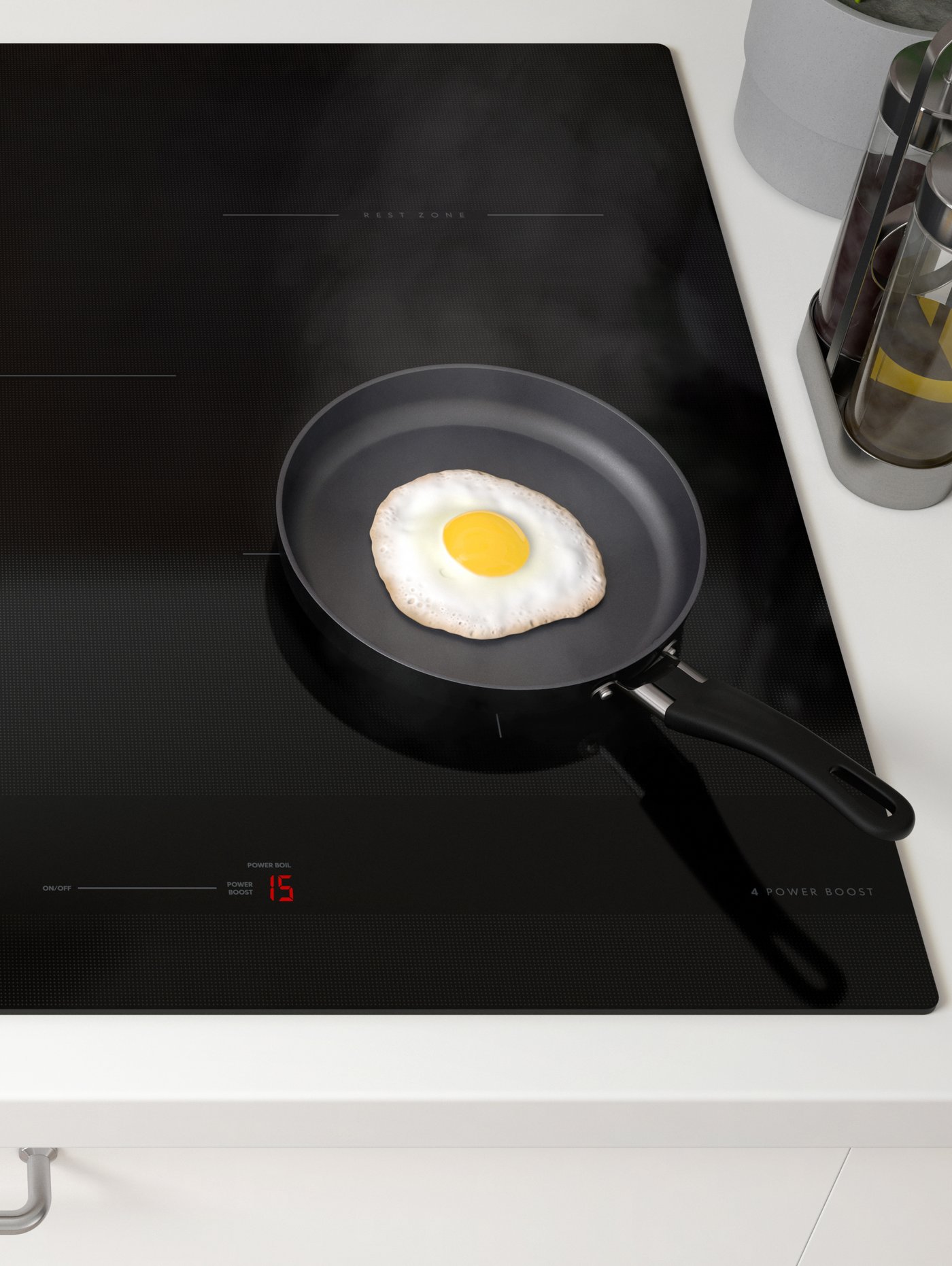 An egg is being fried in a small frying pan on a black SÄRDRAG induction cooktop.