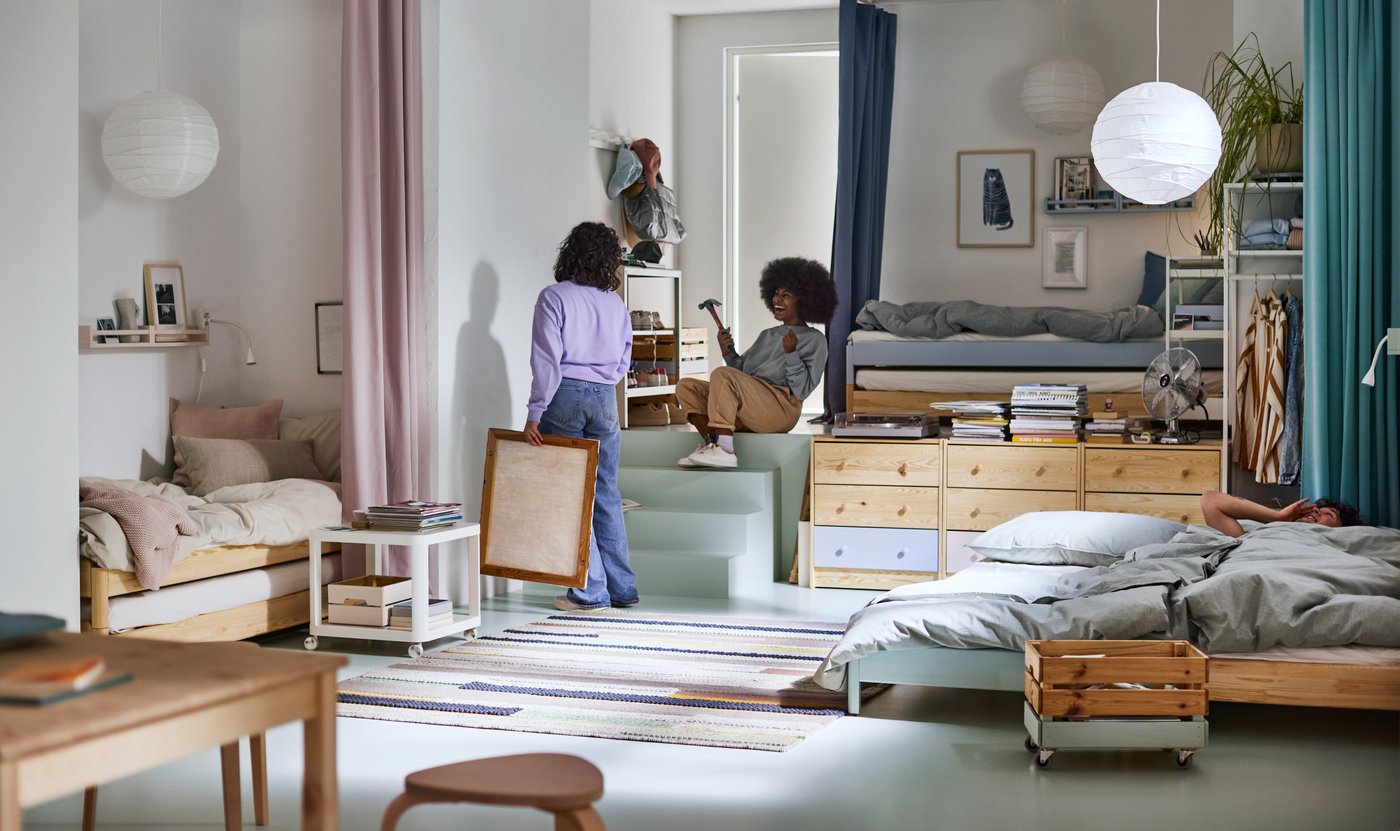 A pine UTÅKER stackable bed in the childrens room