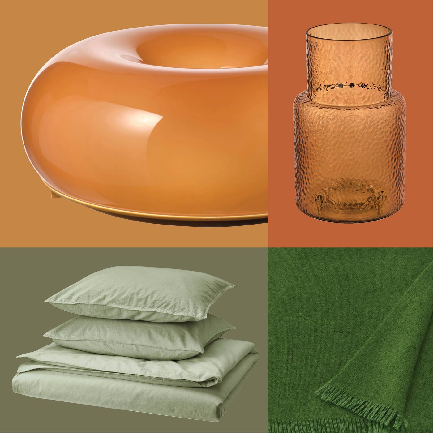 Een groene sprei, een amberkleurige vaas van gestructureerd glas, een oranje lamp inde vorm van een donut en lichtgroen IKEA-beddengoed zorgen voor een warme en harmonieuze sfeer in het interieur.