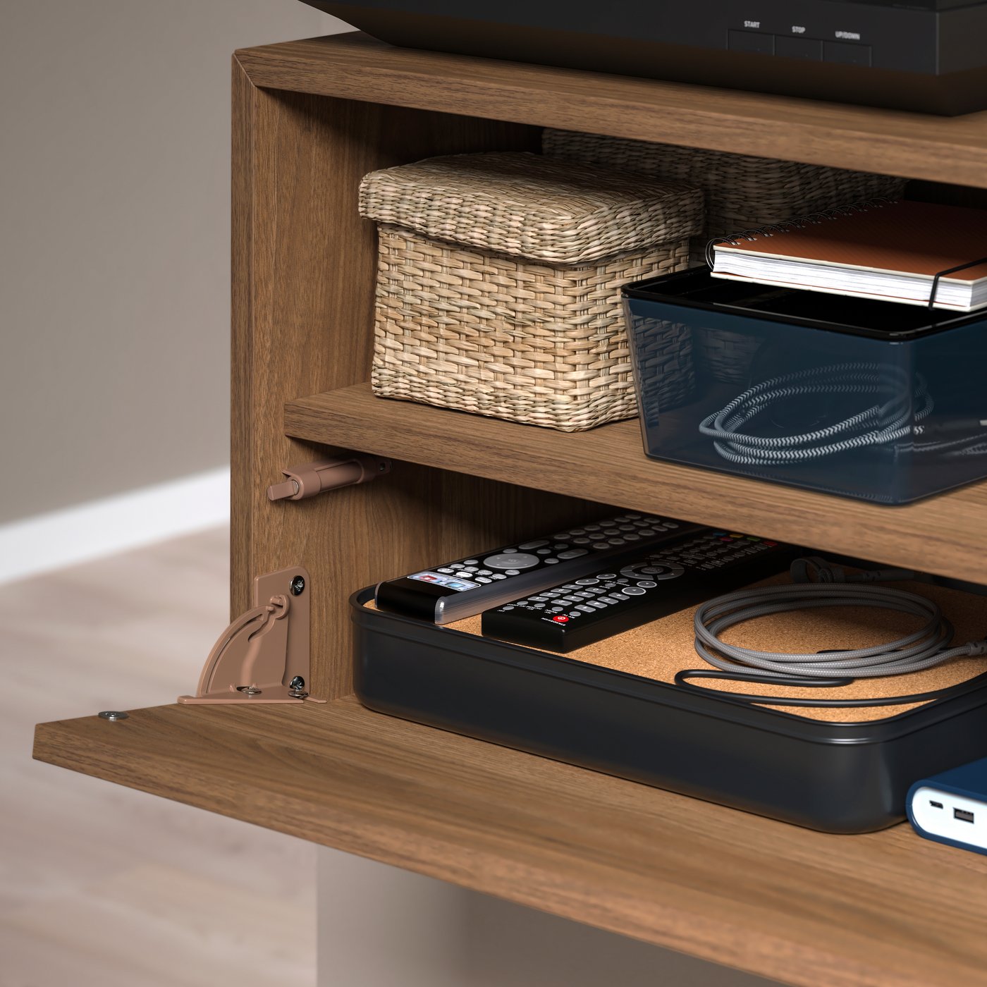 A brown/walnut effect EKET media shelf